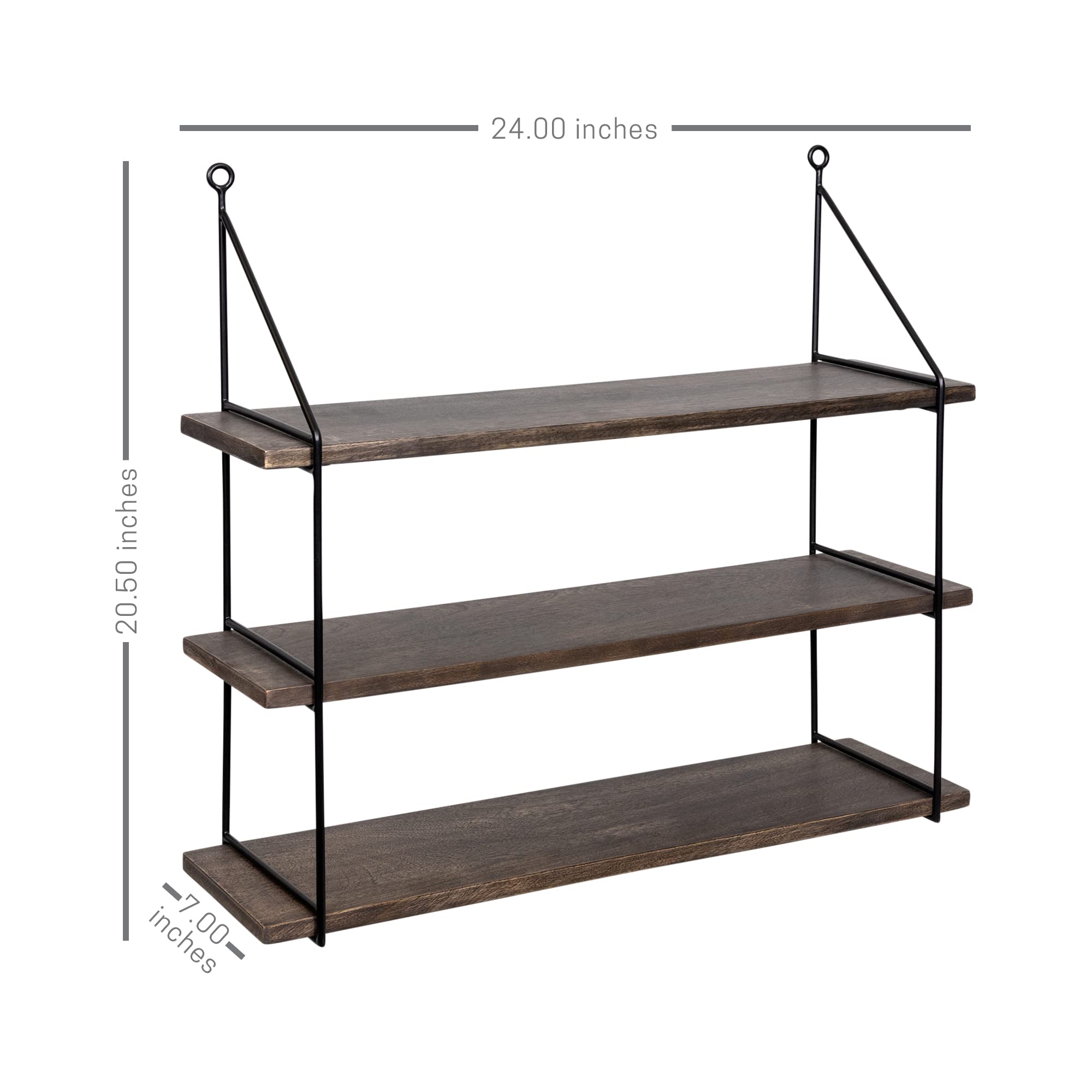 Stratton Home Decor 3-Tier Mango Wood & Metal Wall Shelf - Rustic Dark Natural Wood Floating Shelves for Living Room, Bathroom & Kitchen Storage | Space-Saving Organizer for Books, Plants & Decor