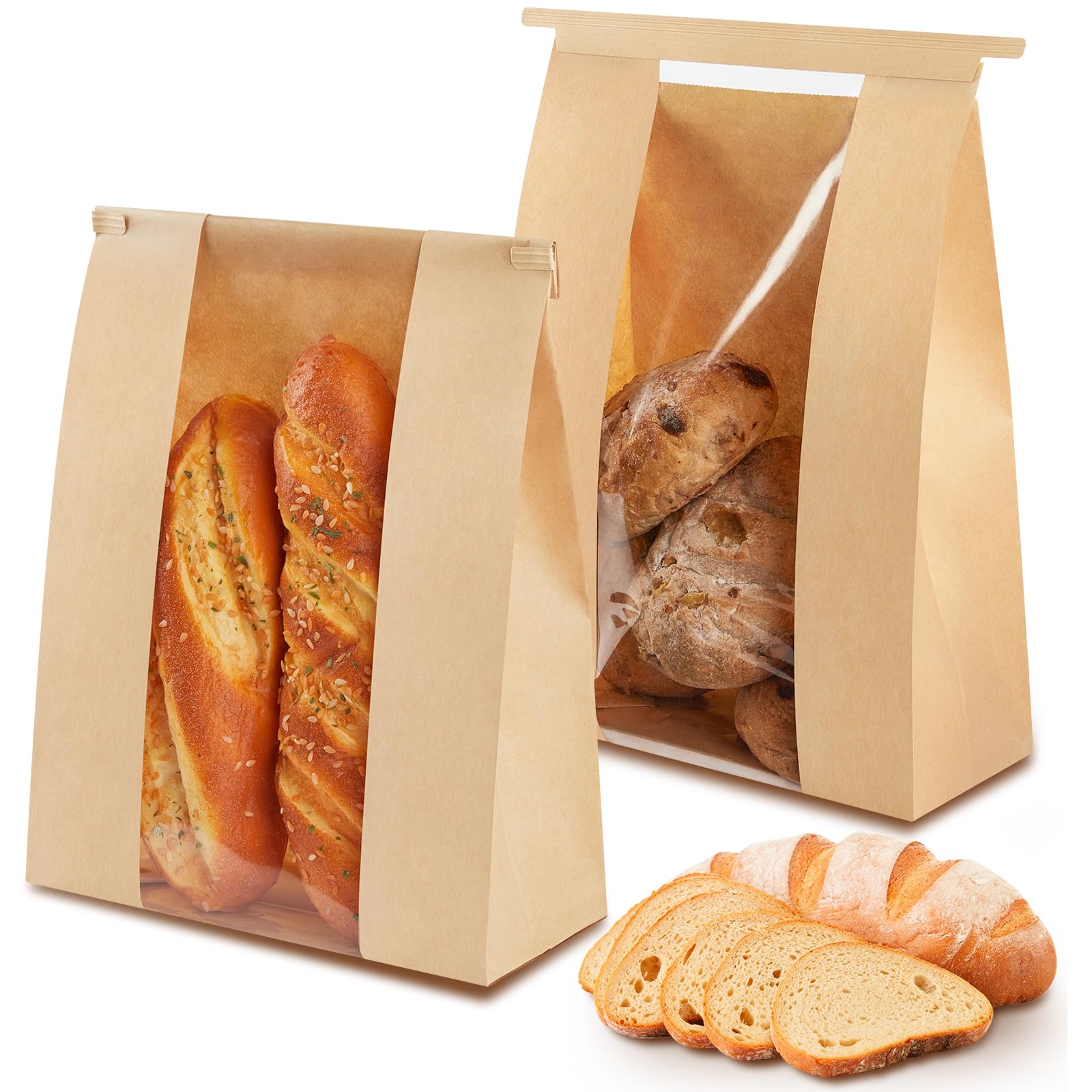 100 PCS Large Paper Bread Bags with Window - 13.7 x 8.2 x 3.5 Inches Bakery Packaging for Sourdough Bread, Homemade Loaves | Tin Tie Tab Lock & Seal Stickers | Perfect for Bakeries, Farmers Markets & Gift Packaging