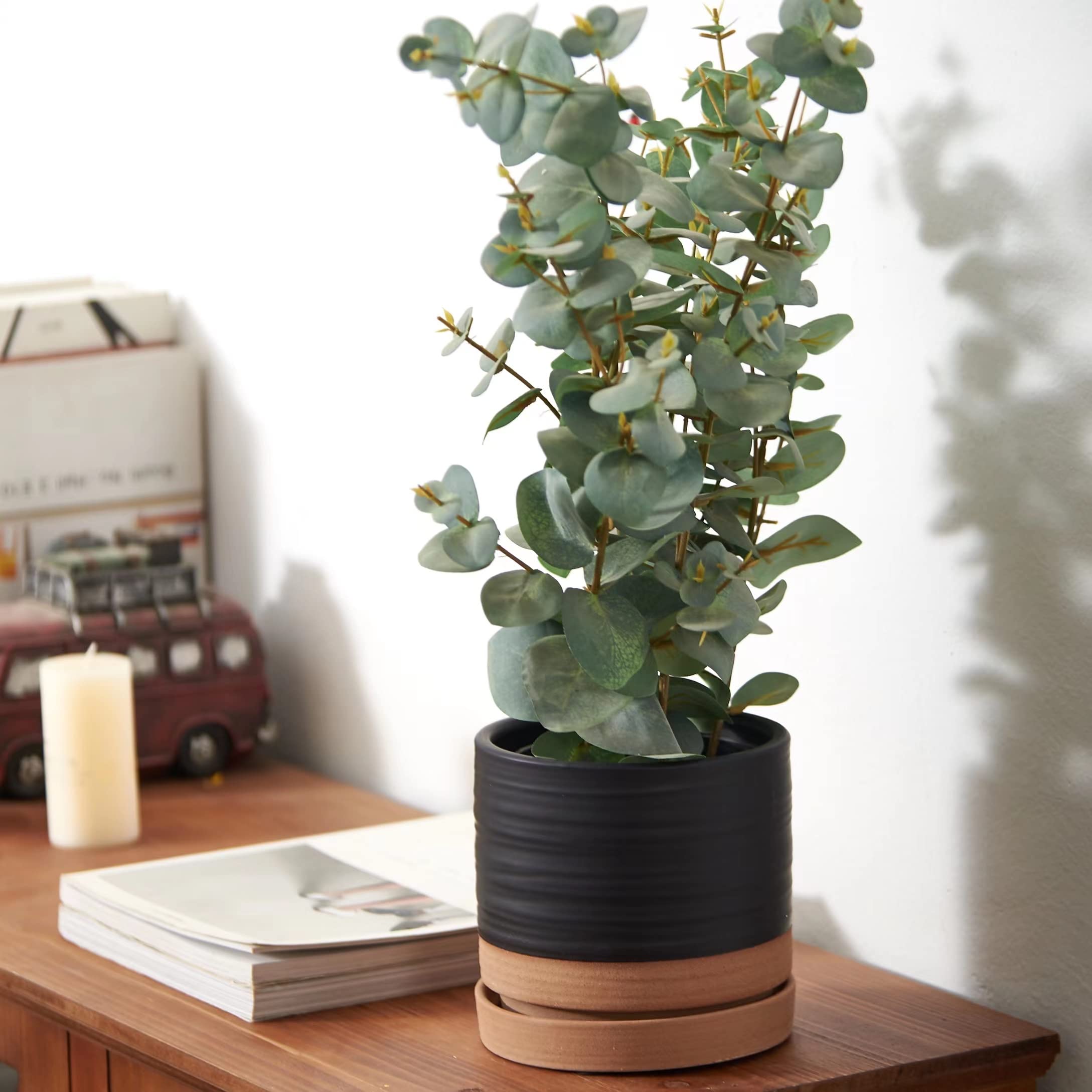 6 Inch Ceramic Plant Pots with Drainage Hole & Saucer - Indoor/Outdoor Cylinder Round Planter for Succulents, Herbs, Flowers - Matte Black & Brown Modern Home & Garden Decor
