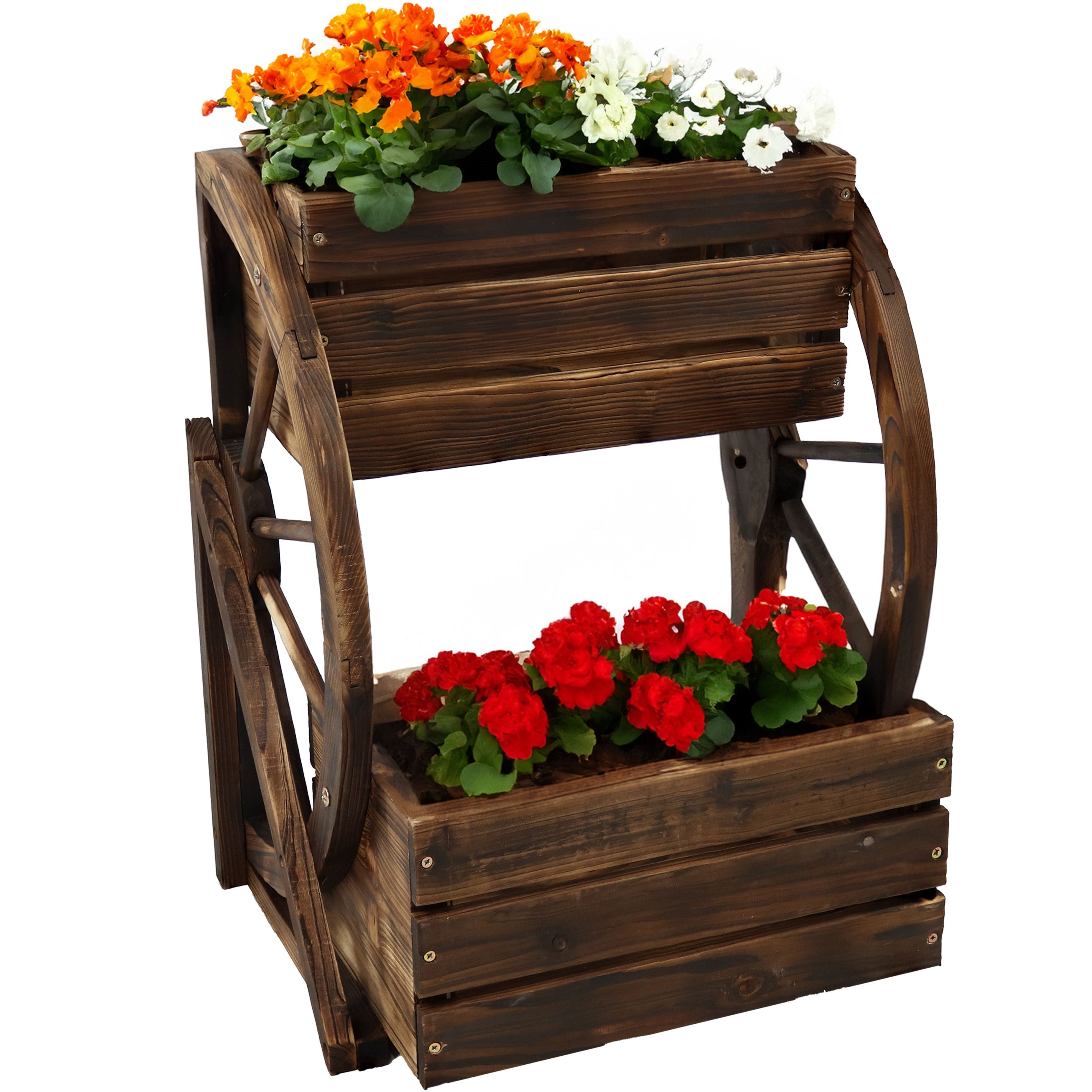 Rustic Wood Wagon Wheel 2-Tier Plant Stand for Indoor & Outdoor Decor - Perfect for Patio, Garden, or Farmhouse Style Home