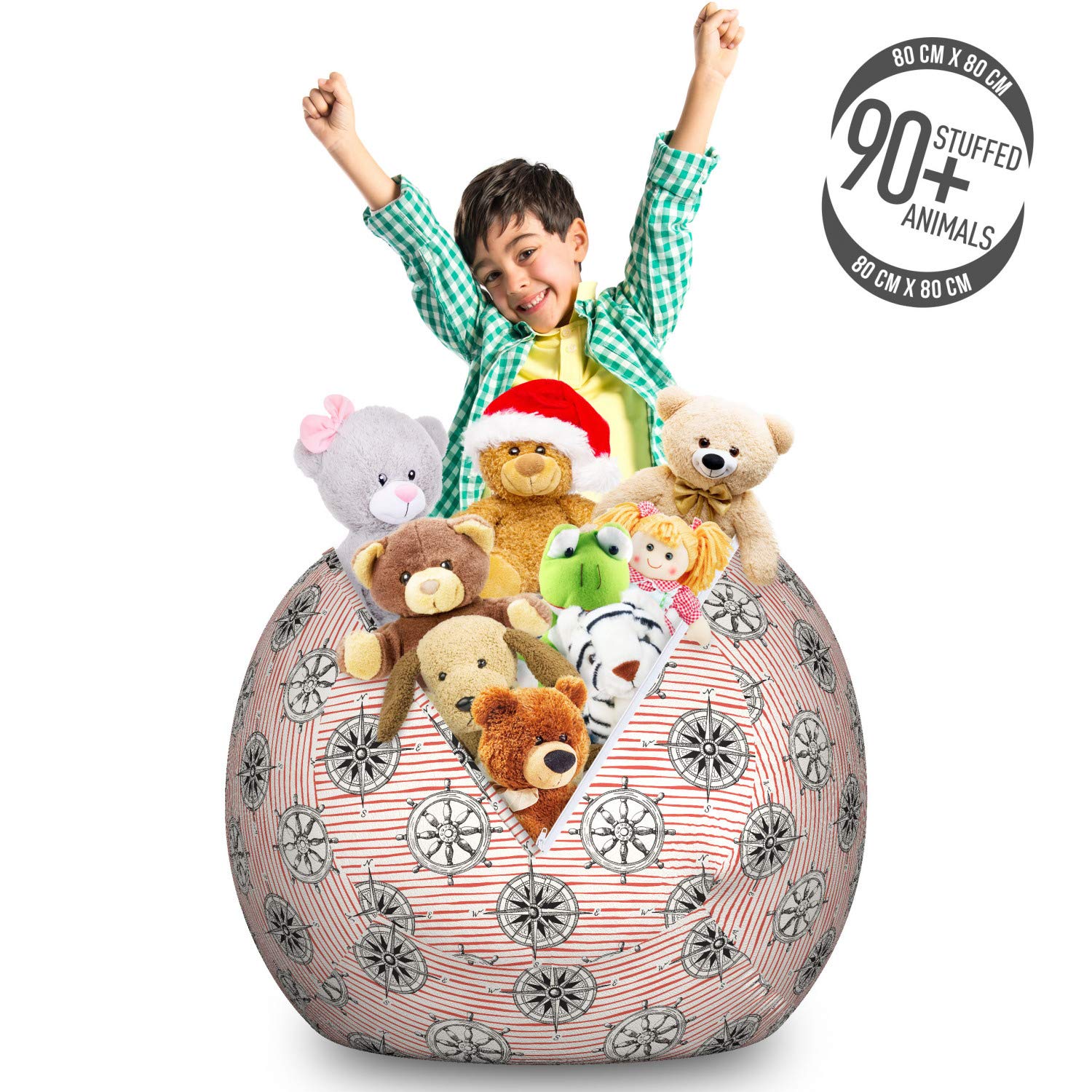 Ambesonne Nautical Toy Storage Bag Chair - Ocean Theme with Hand-Drawn Ship Steering Wheel & Sea Compass Pattern - Pink Multicolor Large Washable Stuffed Animal Organizer | Perfect for Kids' Room, Playroom & Beach Toy Storage