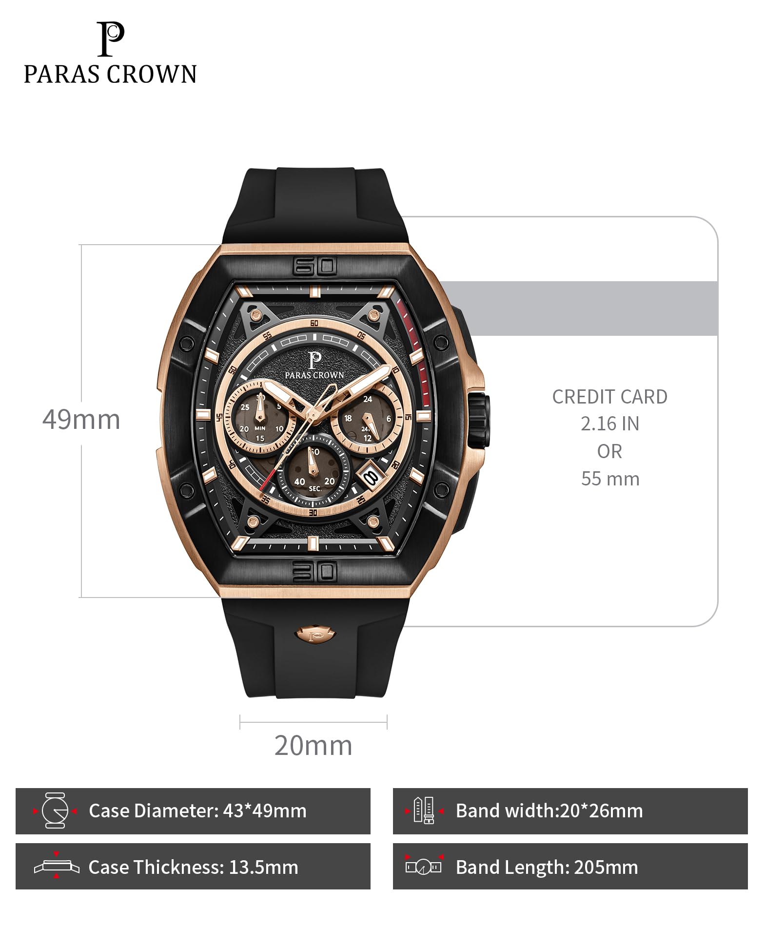 Luxury Men's Paras Crown Tonneau Chronograph Watch - 5ATM Waterproof Stainless Steel Analog Quartz Wristwatch for Business, Casual & Formal Occasions