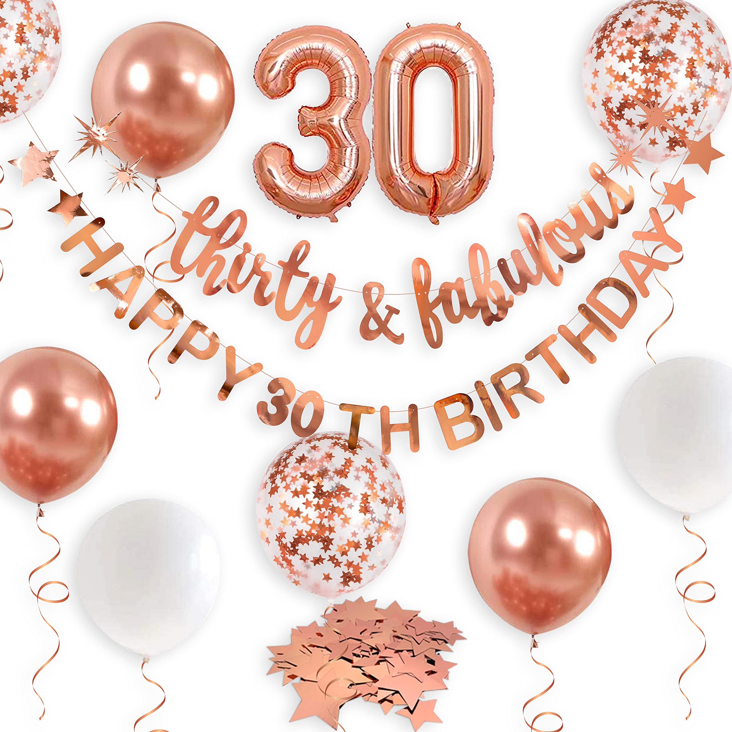 30th Birthday Decorations - Rose Gold 'Thirty & Fabulous' Banner, Garland & Foil Balloon Set for Women's Dirty Thirty Party | Perfect for Backdrop, Wall Decor & Cheers to 30 Years Celebration