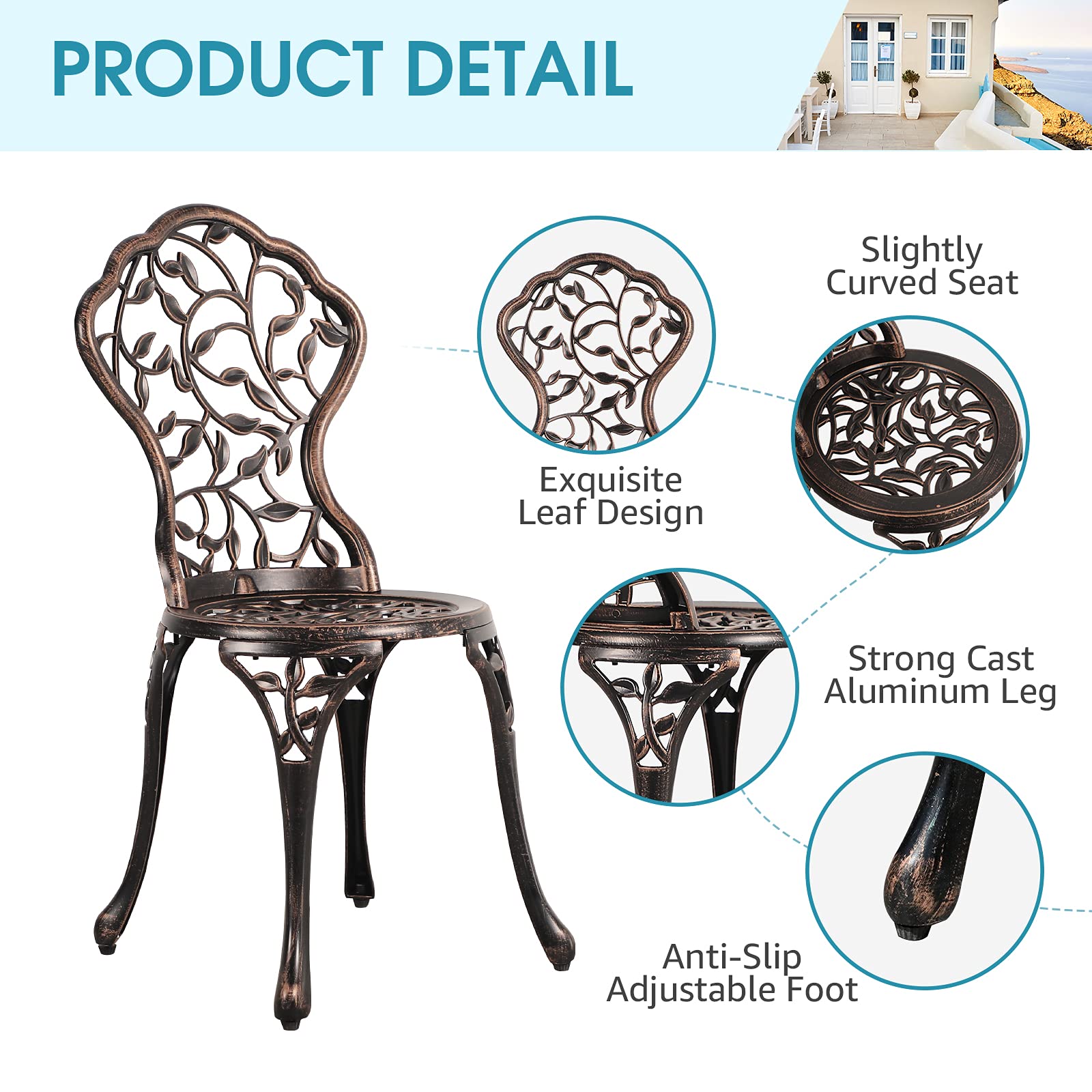 Patiorama 3-Piece Outdoor Bistro Set - Cast Aluminum Patio Furniture with Rust-Resistant All-Weather Design, Decorative Leaf Pattern & Antique Copper Finish - Perfect for Garden, Balcony or Backyard Relaxation