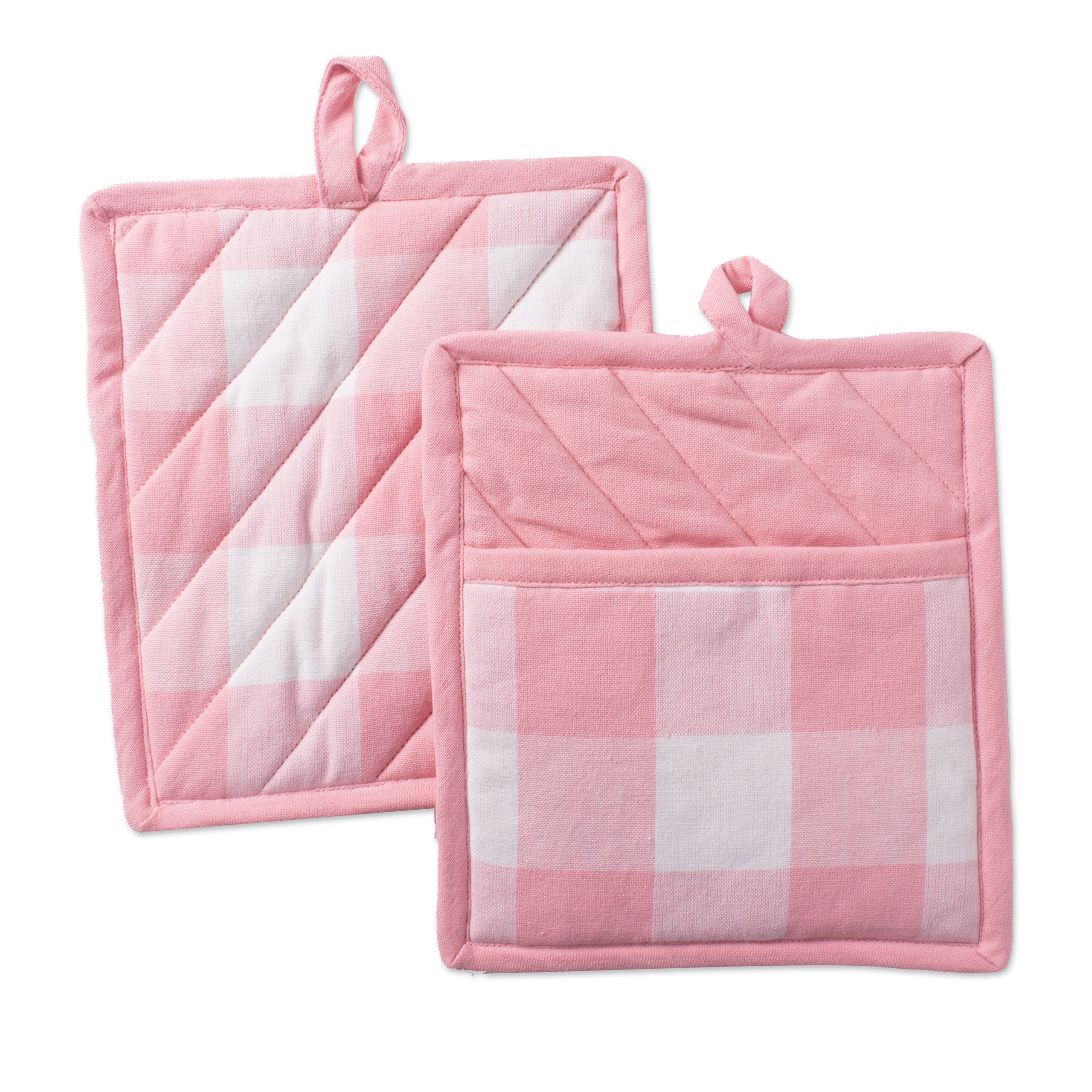 DII Buffalo Check Kitchen Collection - Classic Farmhouse Style Potholder Set (2-Piece, Pink & White) for Cooking, Baking & Holiday Decor
