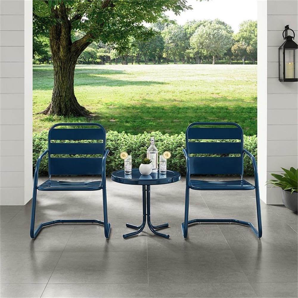Crosley Brighton 3-Piece Outdoor Patio Set - Retro Metal Chairs and Side Table in Navy Blue | Perfect for Garden, Backyard, Poolside & Balcony Relaxation