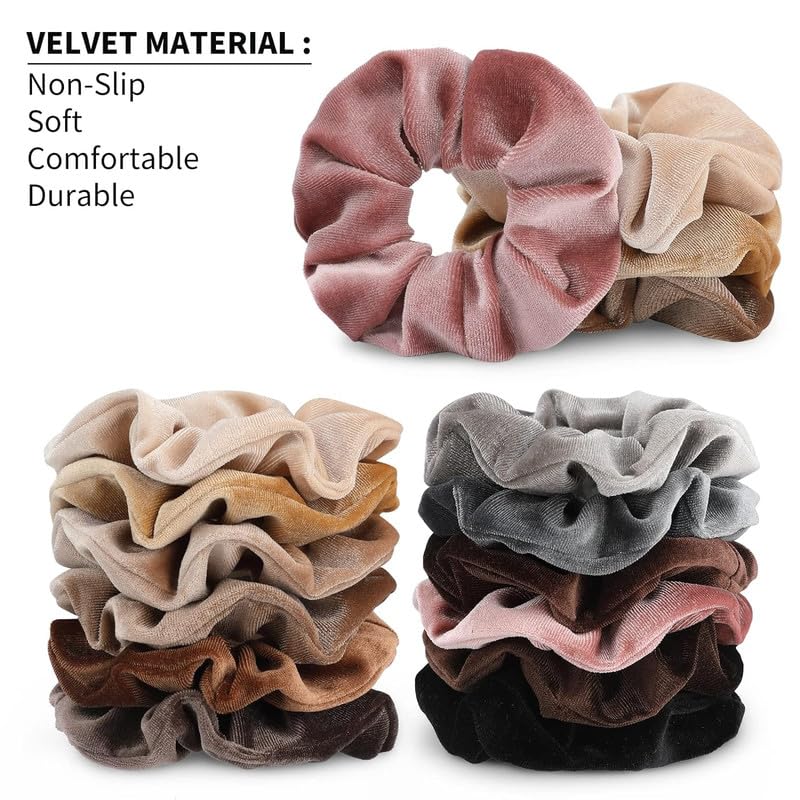 12 Pcs Soft Velvet Hair Scrunchies - No-Slip Elastic Hair Ties for Women & Girls (Multicolor) - Perfect for Workouts, Office & Everyday Styling