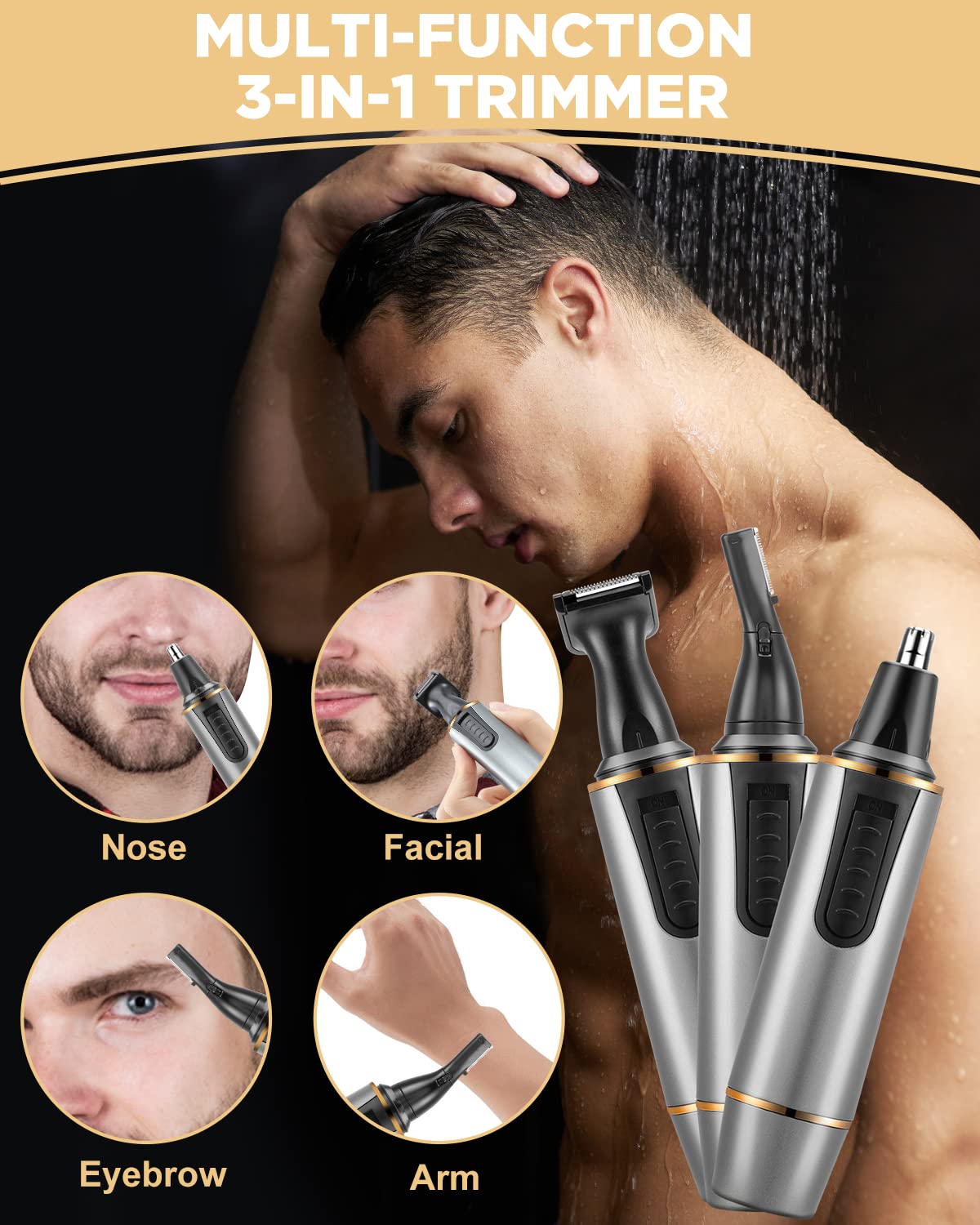 2024 Rechargeable Painless Nose Hair Trimmer for Men - Professional Dual Edge Blades with IPX7 Waterproof, Powerful Motor & Easy Cleaning (Grey Gold) - Perfect for Travel, Grooming Kits & Personal Care