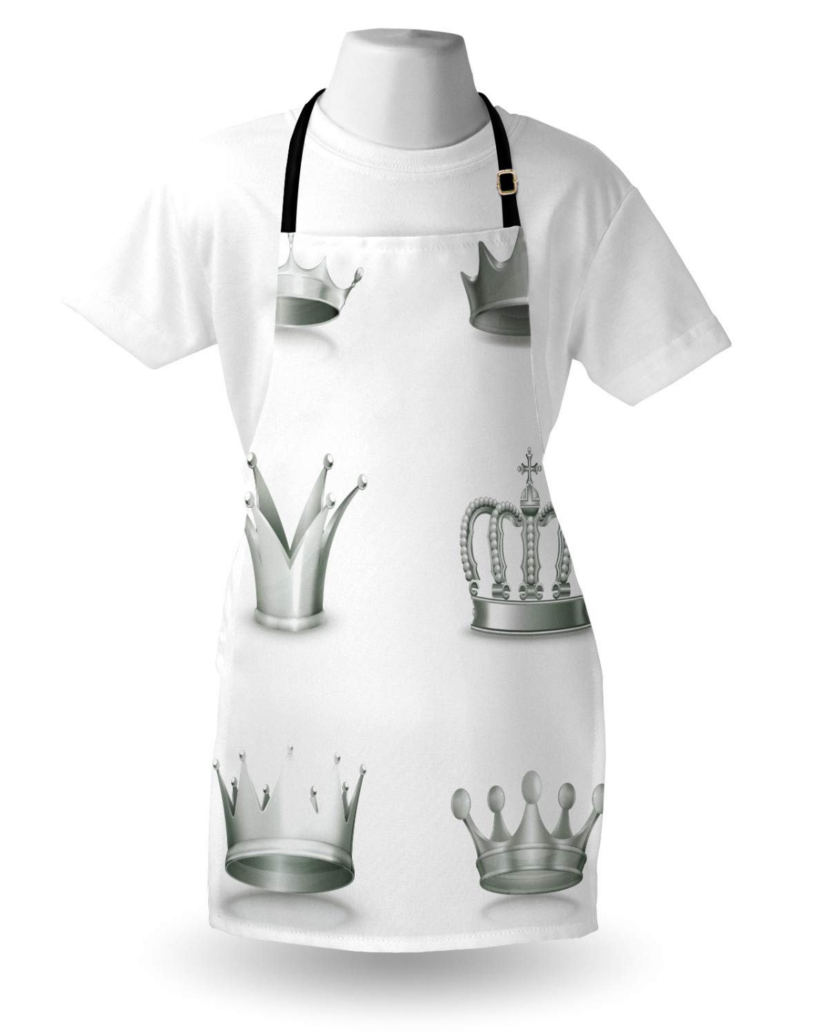 Ambesonne Vintage Grey Apron with Antique Crowns Print - Unisex Adjustable Kitchen Bib Apron for Cooking, Baking, Gardening - Queen King Imperial Theme in Pale Green & White - Perfect for Home Chefs, BBQ Parties & Holiday Gifts