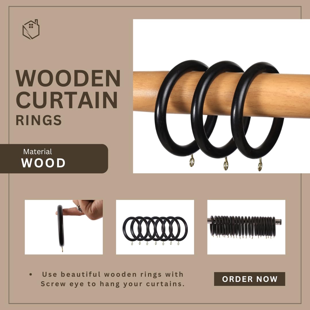 Wooden Curtain Rings for 1-1.5 Inch Rods - Screw Eye Drapery Rings with 2.5