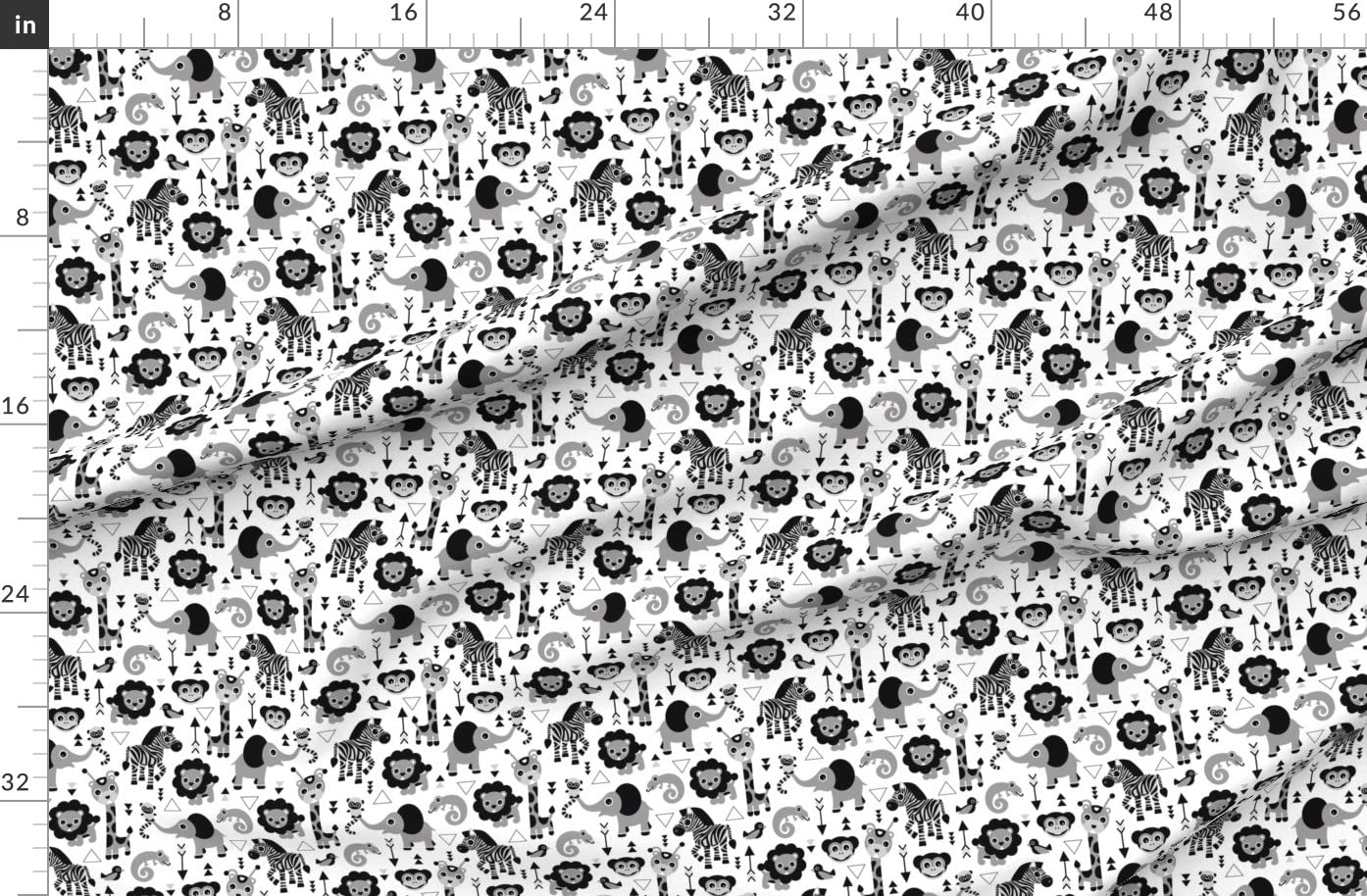 Geometric Jungle Zoo Safari Animal Print Denim Fabric by The Yard - Black White Gray Monkey Design for Kids Clothing, Home Decor & Upholstery | Perfect for DIY Apparel, Curtains & Throw Pillows