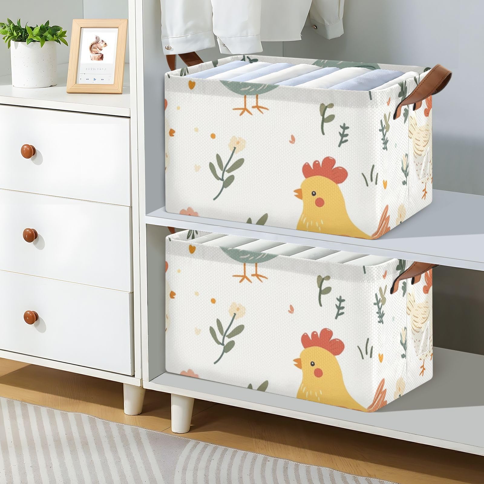 Cute Floral Chicken Cartoon Storage Bins with Handles - 2 Pack Decorative Organizer Baskets for Closet, Bedroom, Kids Room & Nursery Organization