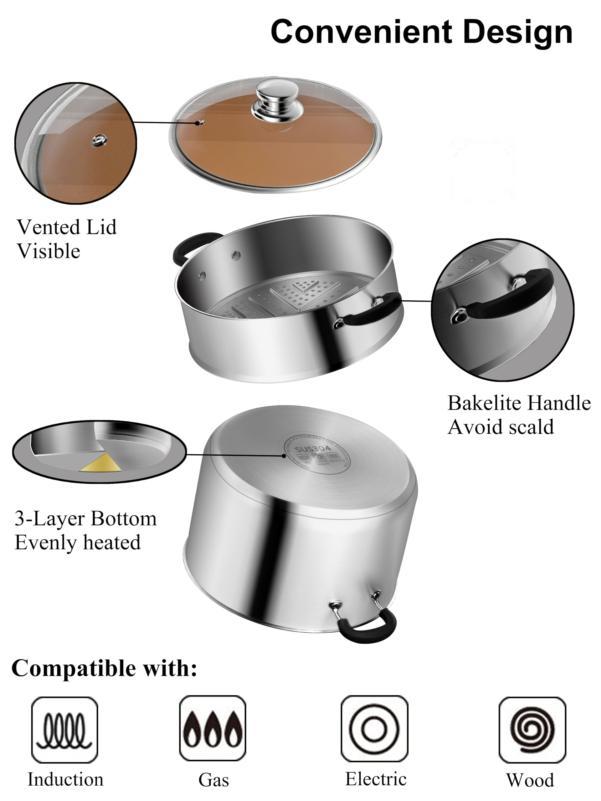 VENTION 7.1 Inch Stainless Steel Vegetable Steamer - 2.2 QT Induction-Compatible Steam Pot for Healthy Cooking | Perfect for Steaming Vegetables, Dumplings & Seafood at Home