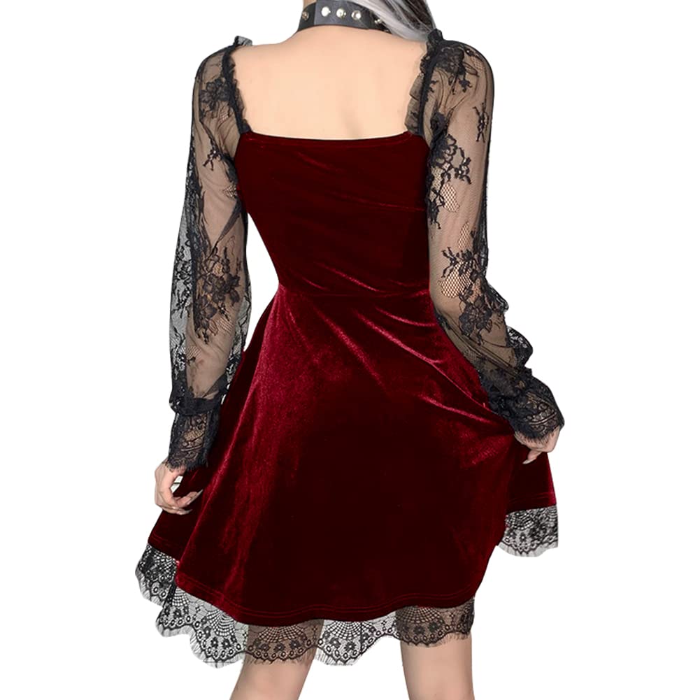 IDOPIP Gothic Lolita Floral Lace Long Sleeve Velvet Dress for Women - Black See-Through Ruched Suede Dress for Wedding Guest, Party & Special Occasions