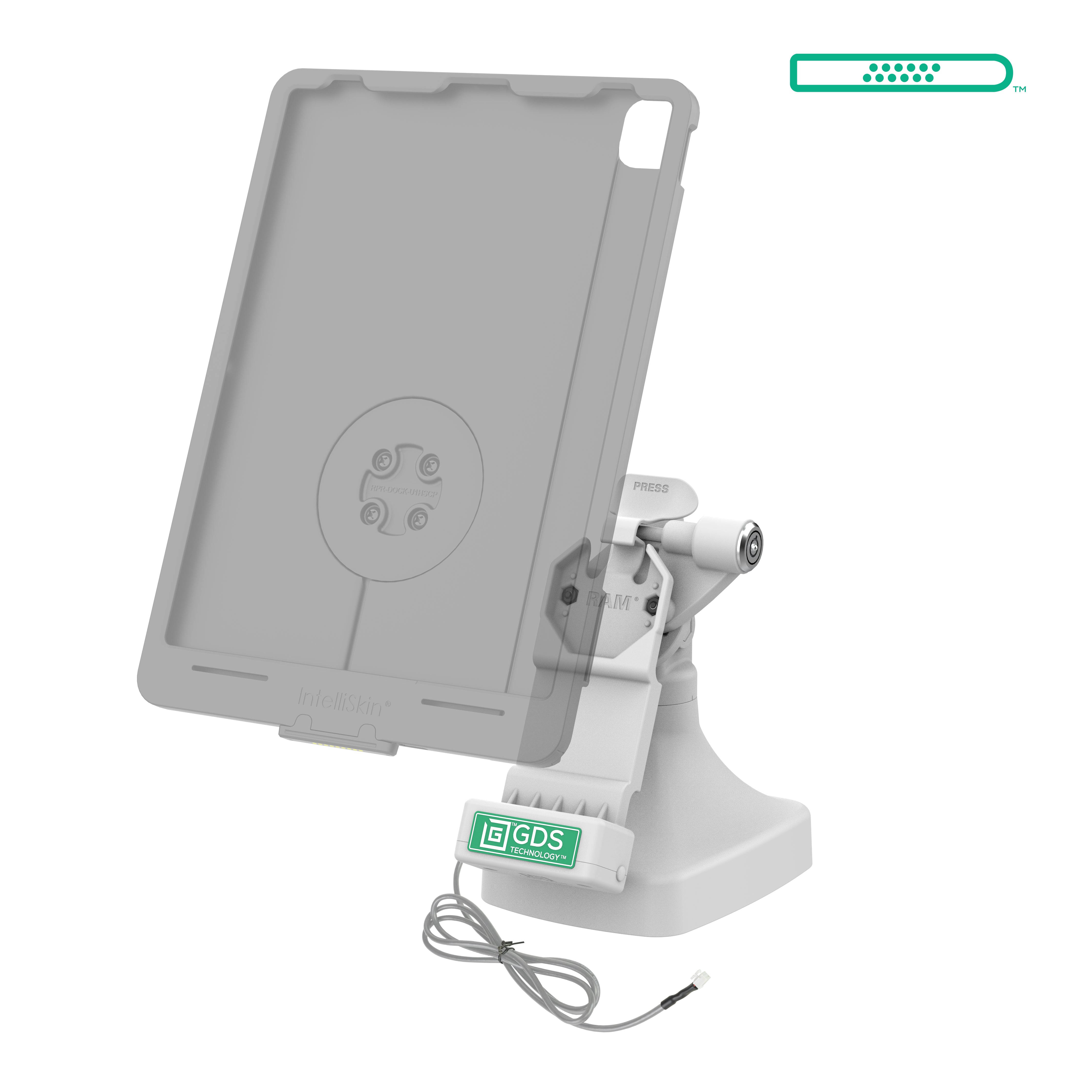 GDS® Uni Conn™ Locking Tilt & Swivel Dock with PoE + Data - Gray (RAM GDS DOCKLR D14 U1E 2A GRY) - Secure Mounting Solution for Tablets, POS Systems & Industrial Displays in Harsh Environments