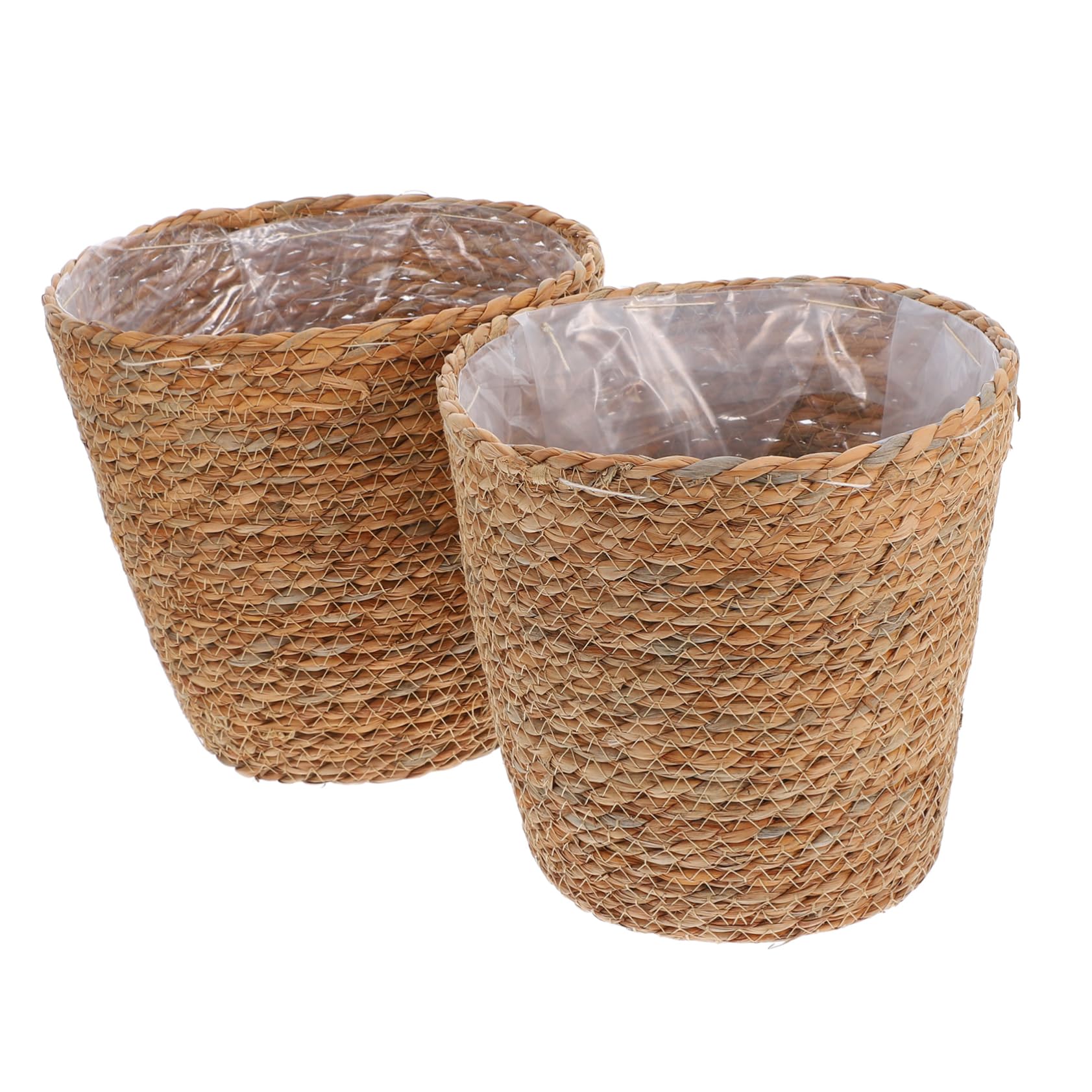 LIOOBO 2-Pack Handwoven Seagrass Plant Baskets with Waterproof Plastic Liner - Indoor/Outdoor Decorative Planters for Home, Office, Patio & Garden Decor
