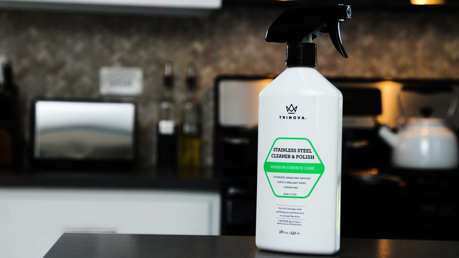 TriNova Premium Stainless Steel Cleaner & Polish Spray - 18oz Commercial Grade for Refrigerators, Microwaves, Kitchen Appliances | Includes Microfiber Cloth | Removes Fingerprints, Streaks & Oxidation | Perfect for Restaurants, Home Kitchens & Food Service Areas