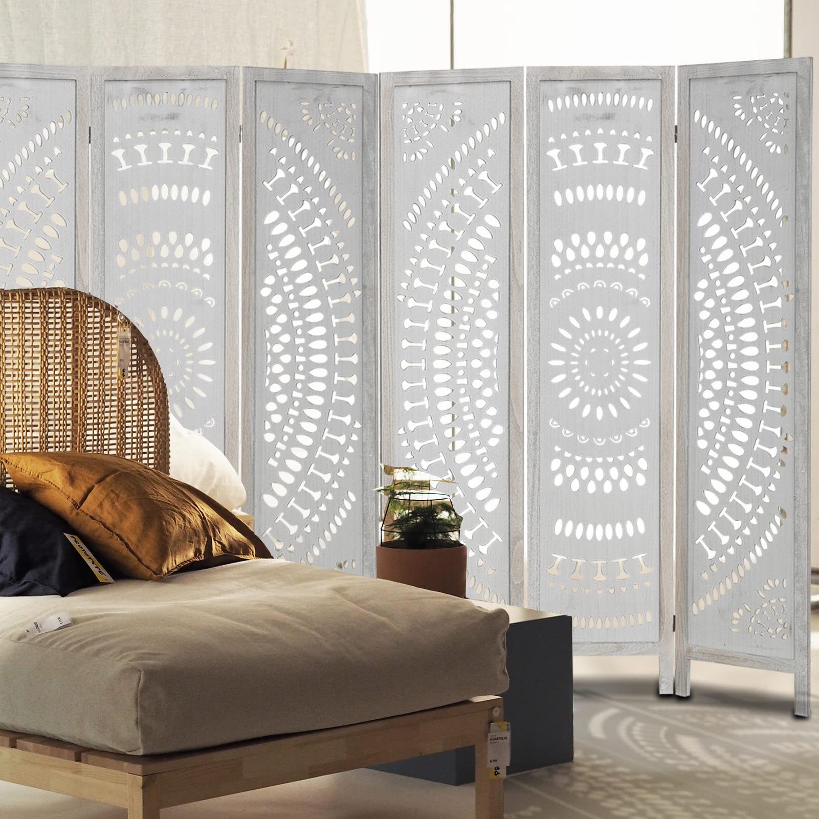 Babion 6 Panel Wooden Room Divider - 5.6 Ft Tall Folding Privacy Screen with Carved Design, White Home Office Partition for Bedroom, Living Room & Workspace (No Assembly Required, Double Hinged)
