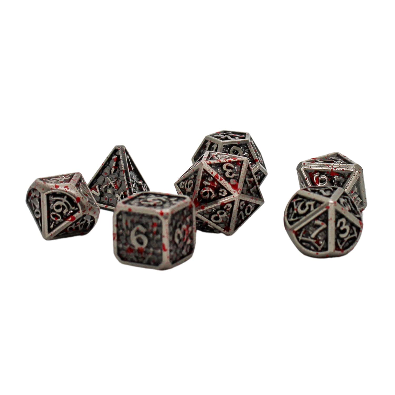 Vintage Silver Metal Dice Set with Blood-Like Paint Splatter Effect - 7-Piece RPG Gaming Dice in Display Case | Perfect for Dungeons & Dragons, Tabletop Games, and Collectors