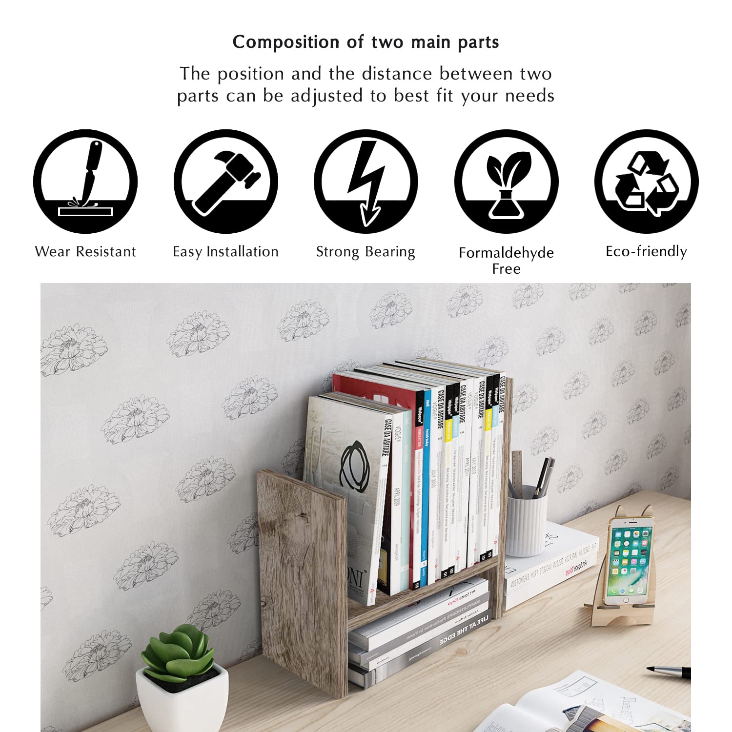 Adjustable Wood Desktop Organizer & Office Storage Rack - Double H Display Shelf in Gray Oak | Perfect for Home Office, Workspace Organization & Stylish Desk Decor
