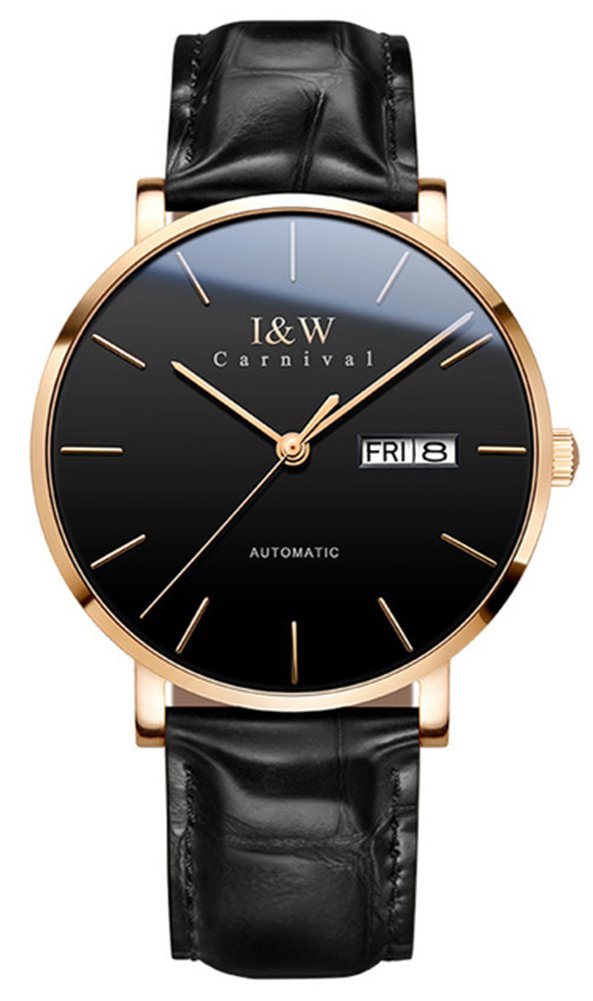MASTOP Ultra-Thin Automatic Mechanical Watch for Men - Sapphire Crystal Glass, Date Display, Waterproof, Genuine Brown Leather Strap - Perfect for Business, Formal Occasions & Everyday Wear