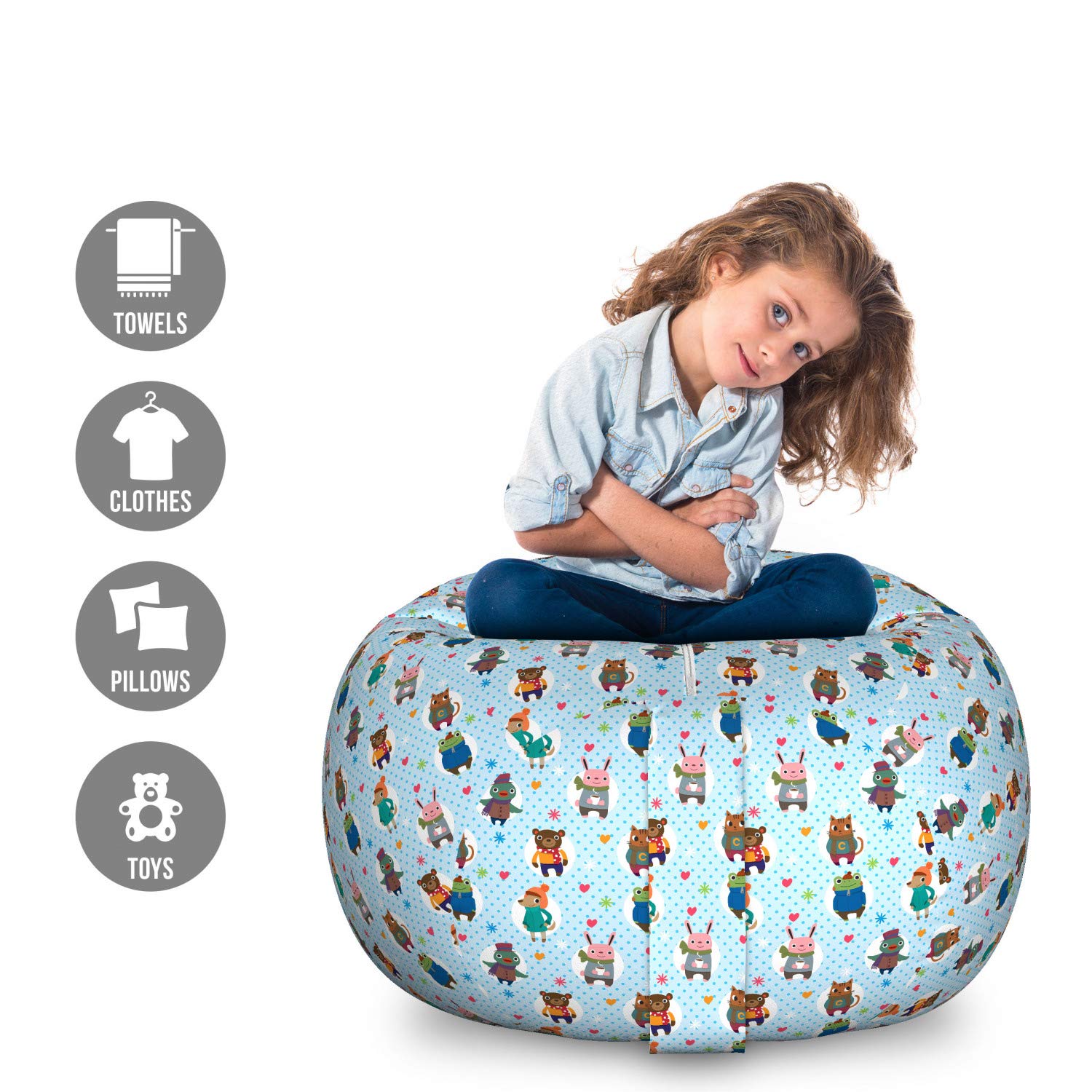 Ambesonne Large Cartoon Animal Toy Storage Bag Chair - Washable Stuffed Organizer with Winter Hats & Coffee Illustration on Dotted Background - Multicolor for Kids' Room, Playroom & Nursery Organization