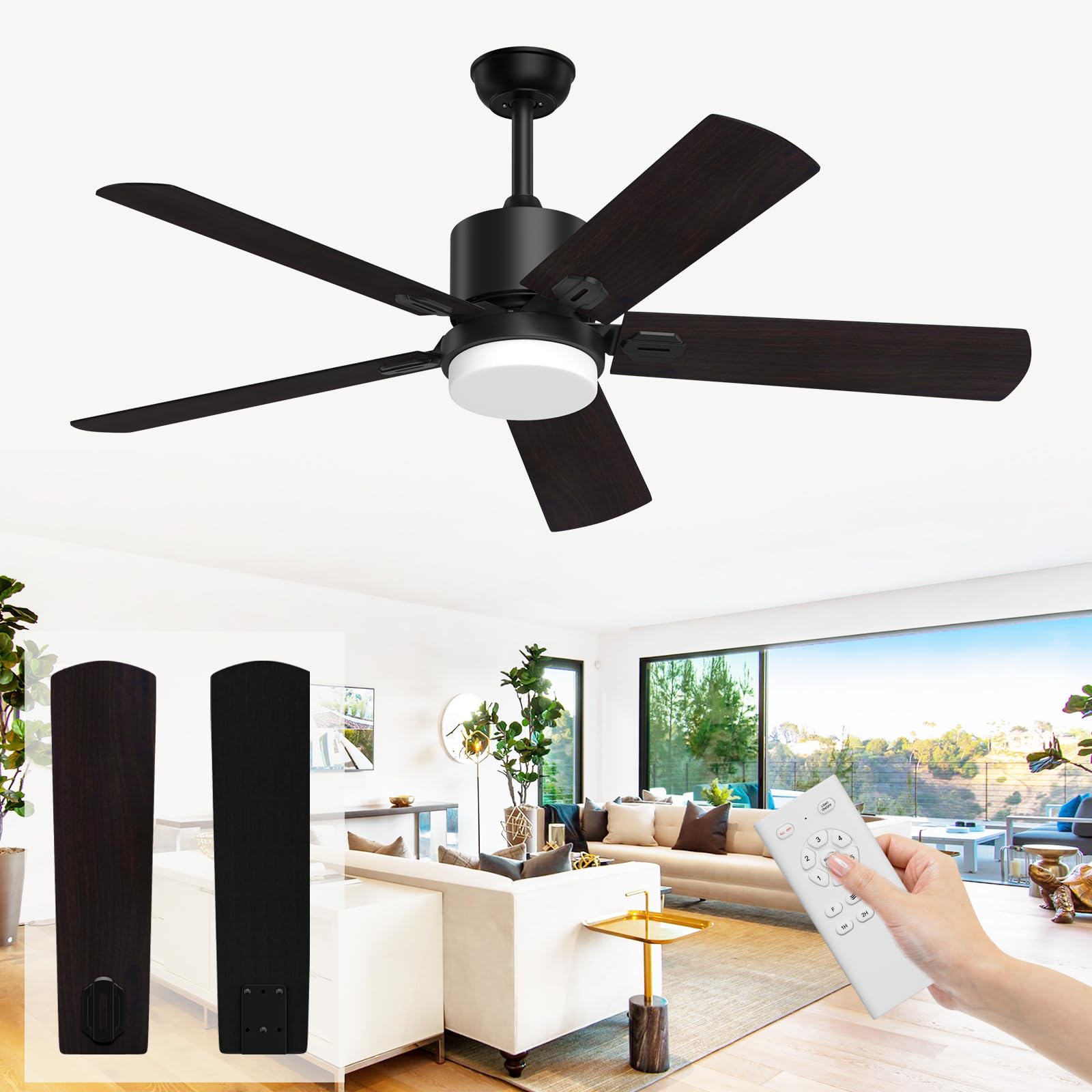 52 Inch Black Ceiling Fan with Lights and Remote - 6 Speed Reversible DC Motor, Adjustable Lighting for Outdoor & Indoor Use - Perfect for Patio, Bedroom, Porch, Living Room, and Office Spaces