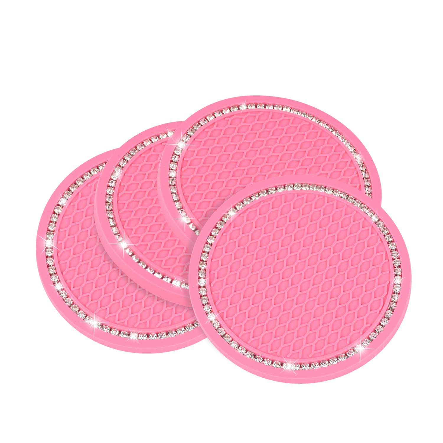 4 Pack Bling Car Coasters - Anti Slip PVC Cup Holder Inserts with Crystal Glitter Design, Universal Fit for Most Vehicles (Pink, 2.75