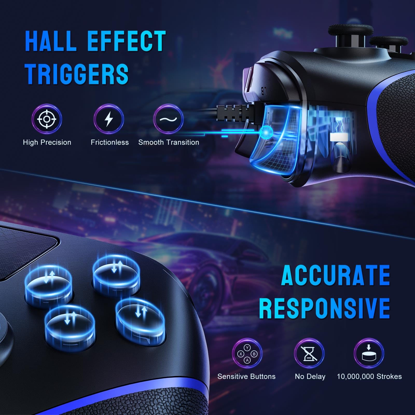 DIANVEN Wired Gaming Controller for PS5 - Hall Effect Joystick & Triggers, Turbo Mode, Dual Vibration - Compatible with Playstation 5/PS4/PC (Black & Blue) | Perfect for FPS, Racing & Fighting Games