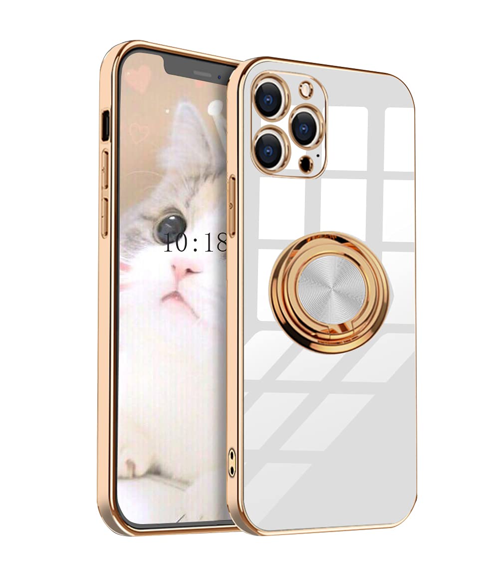 MuZiFei iPhone 13 Pro Max Case with Ring Holder - 360° Rotating Kickstand, Rose Gold Plated Edge, Slim Soft TPU Protective Cover (White) - Perfect for Hands-Free Viewing, Secure Grip & Everyday Protection