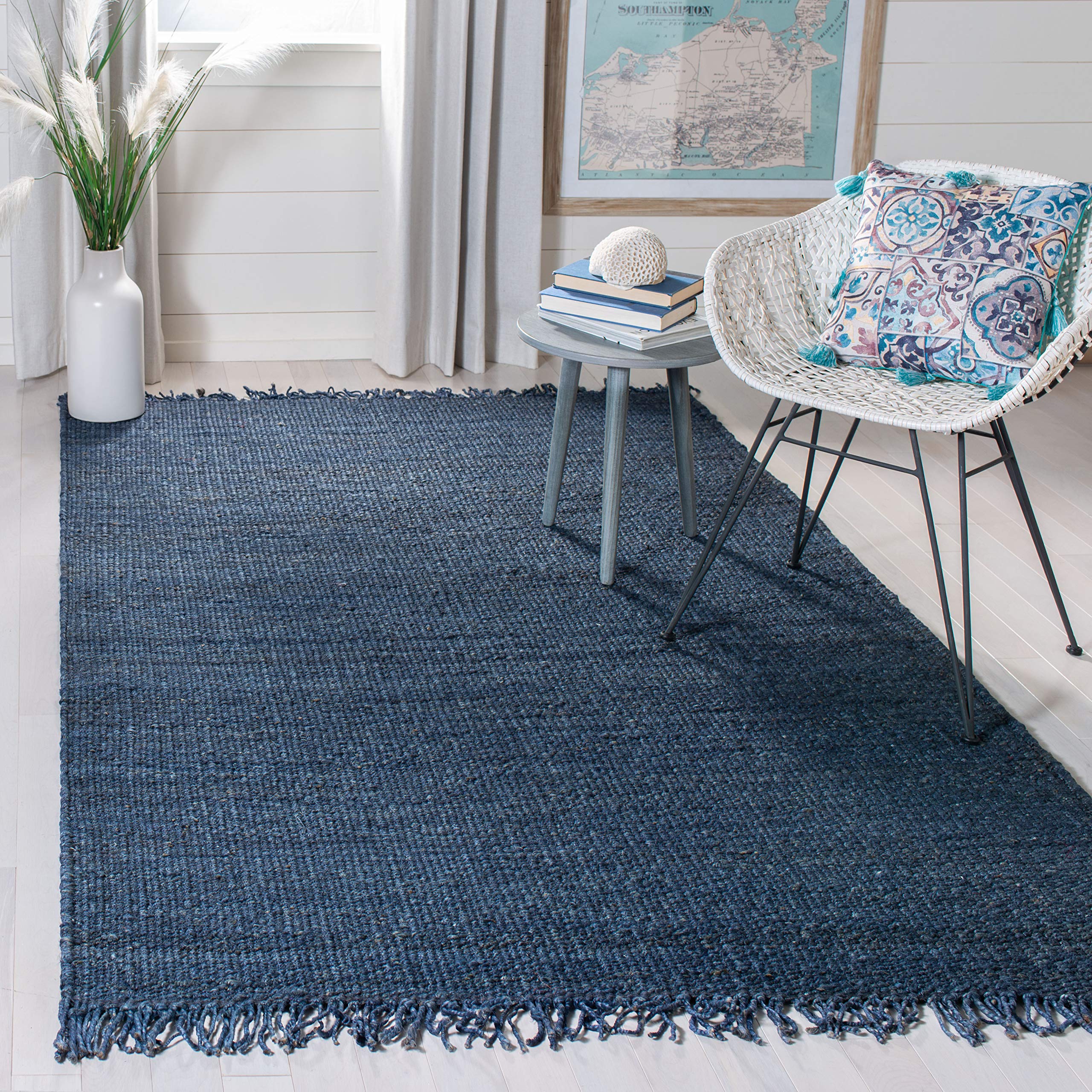 SAFAVIEH Natural Fiber Collection Handmade Boho Fringe Woven Jute Area Rug - 6' x 9' Navy Blue, Eco-Friendly & Durable for High Traffic Areas - Perfect for Living Room, Bedroom, Dining Room & Boho Home Decor (NF368N)