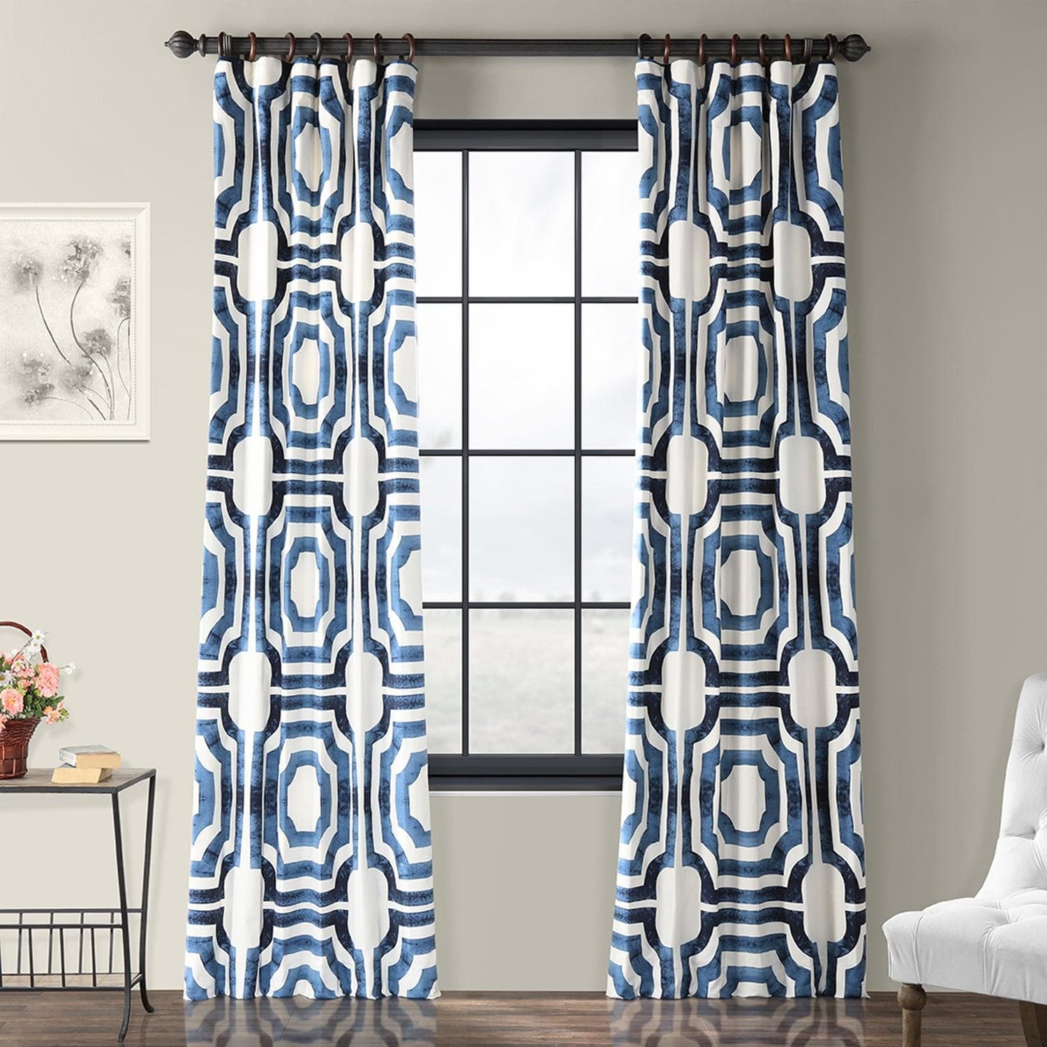 Mecca Blue Geometric Printed Cotton Blackout Curtains for Bedroom & Living Room - Energy Efficient, Noise Reducing, Light Blocking Window Drapes for Home Decor