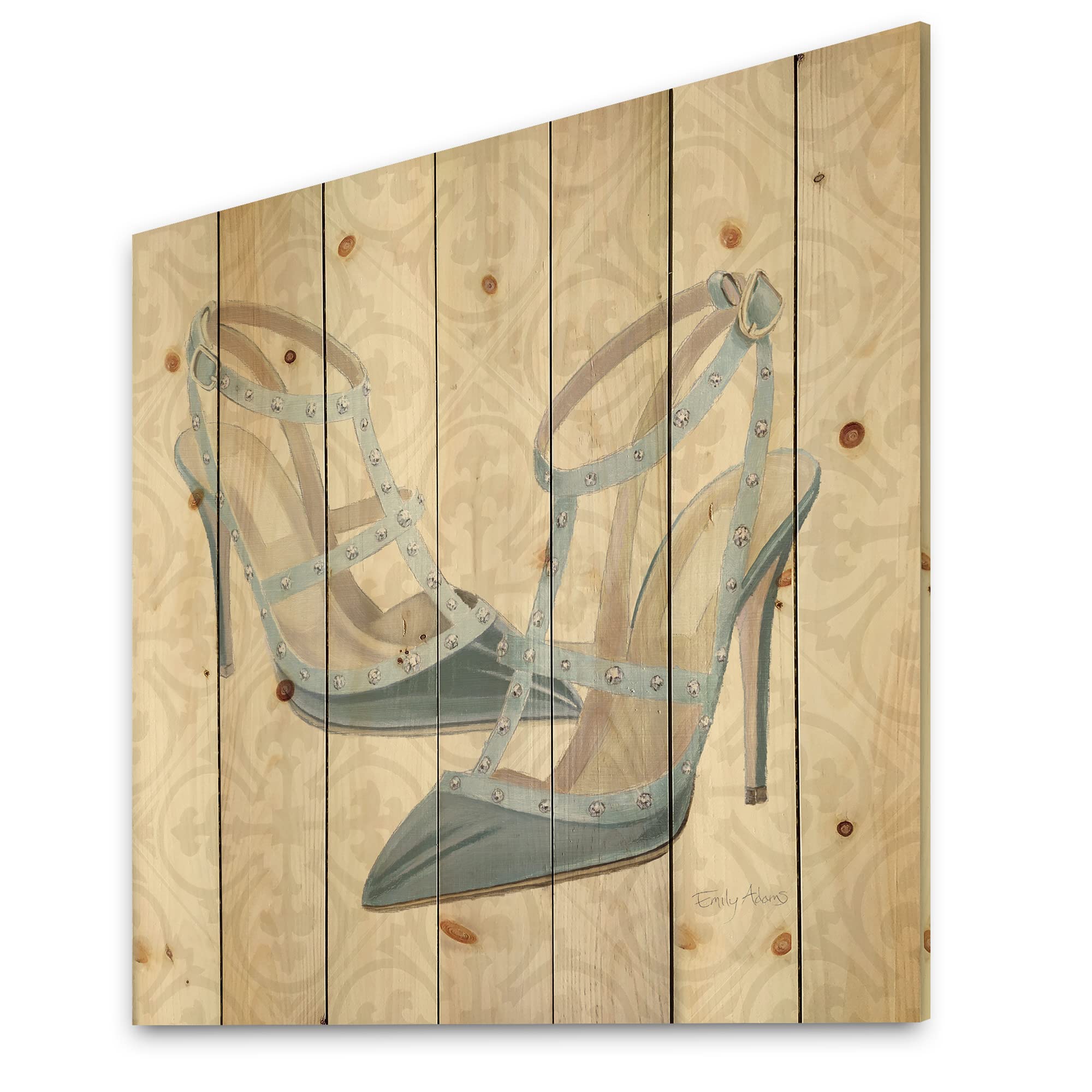 DesignQ Glam Cosmetics Blue Shoes Traditional Wood Wall Decor - Handcrafted Blue Wood Wall Art, Large Fashion Wood Panels Printed on Natural Pine - Perfect for Home, Office & Boutique Decor