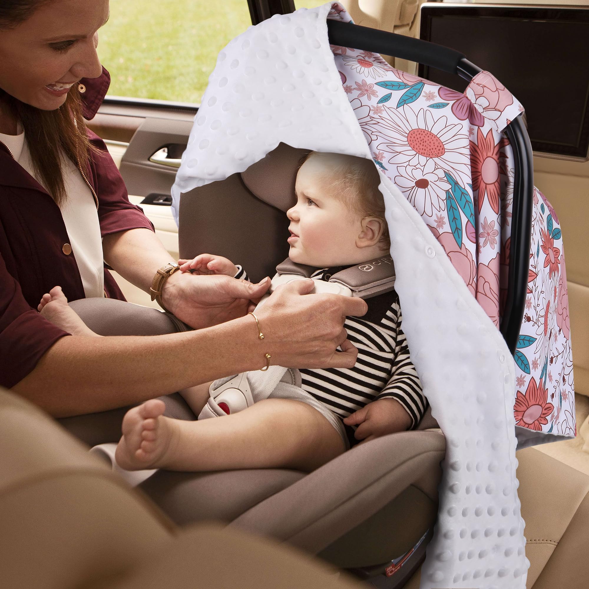 Metplus 2-in-1 Baby Car Seat Cover & Nursing Canopy - Soft Minky Fabric with Peekaboo Opening for Newborns (Boy/Girl) - Perfect for Strollers, Shopping & Breastfeeding On-The-Go