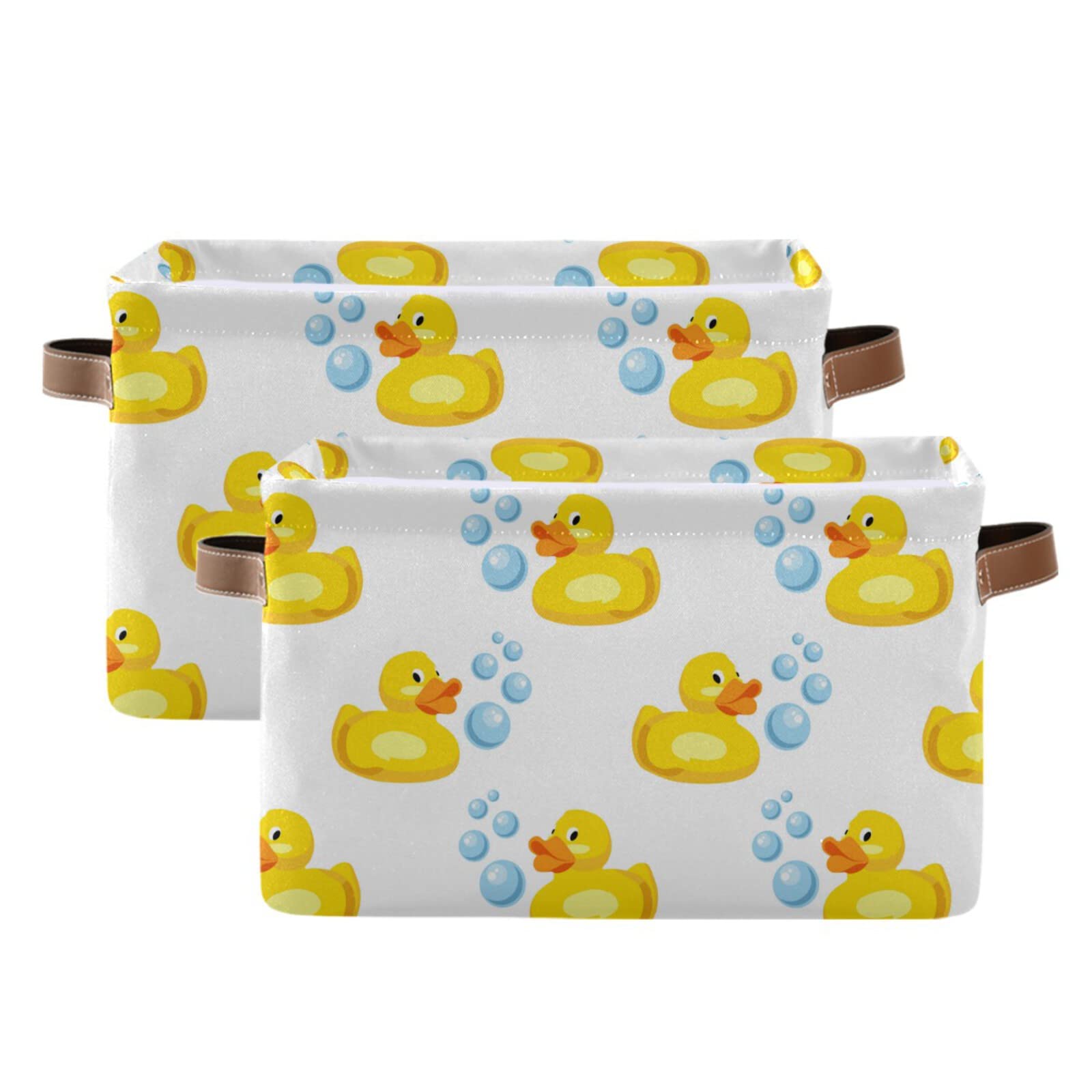 Yellow Rubber Ducks Rectangular Collapsible Storage Basket with Leather Handles - Foldable Laundry Bin & Home Organizer for Kitchen, Bedroom, Bathroom | Perfect for Toys, Clothes & Household Items Storage