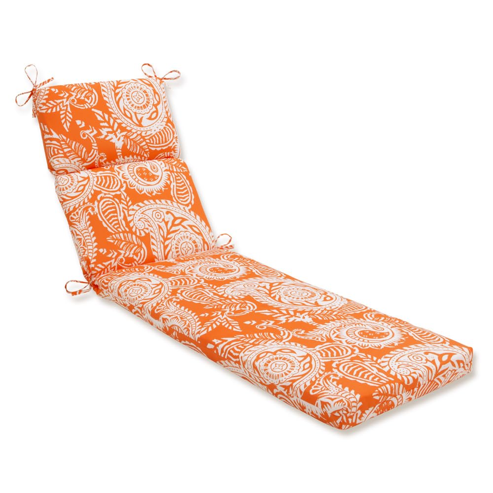 Pillow Perfect Paisley Indoor Outdoor Chaise Lounge Cushion - 72.5 x 21 Inch Split Back Design with Ties, Plush Fiber Fill, Weather & Fade Resistant - Orange Ivory Addie Pattern for Patio, Poolside & Sunroom Relaxation