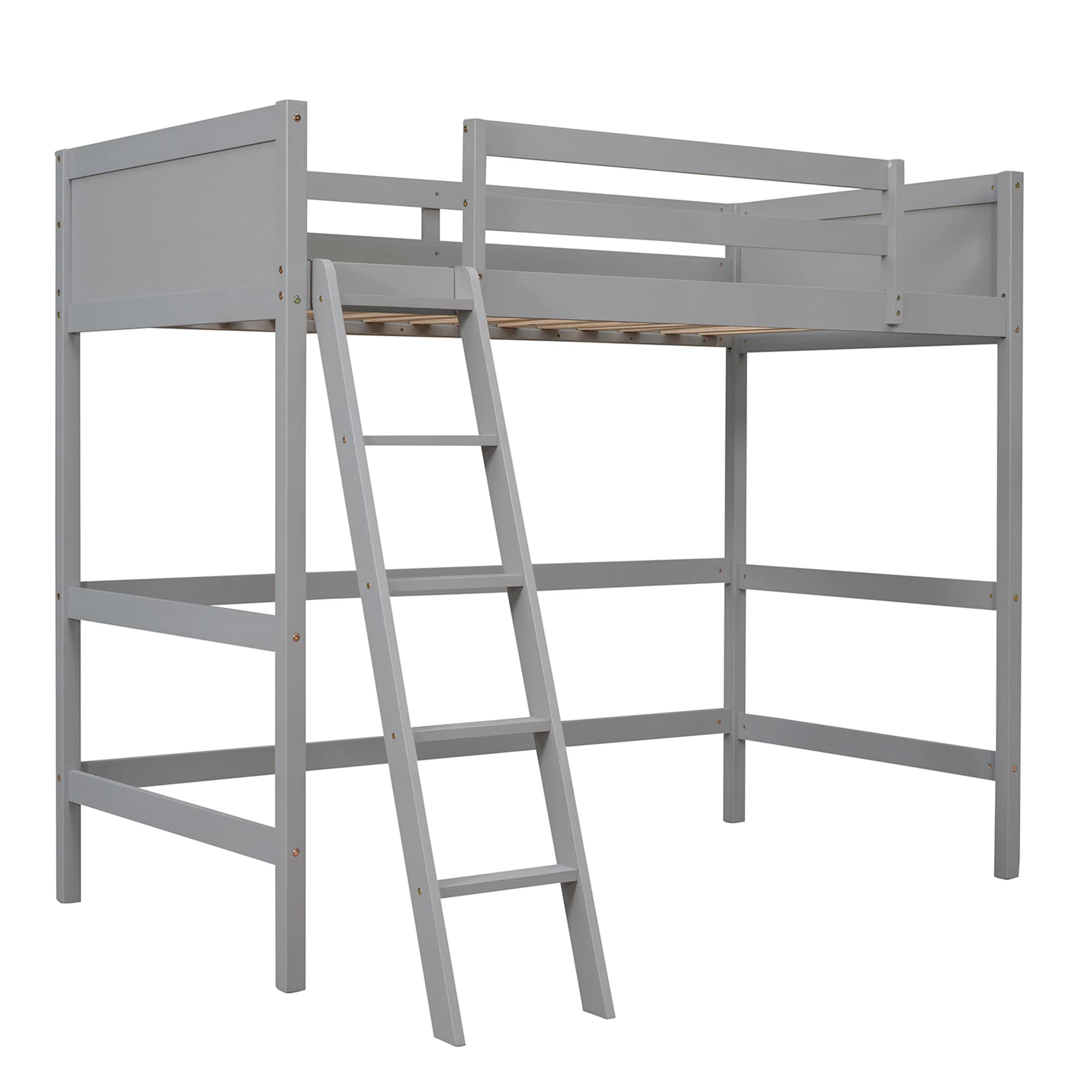 P PURLOVE Twin Loft Bed Frame with Angled Ladder - Sturdy Wooden Loft Bed for Teens, Kids, Boys & Girls - No Box Spring Required (Gray) - Perfect for Small Bedrooms, Dorm Rooms & Space-Saving Kids' Rooms
