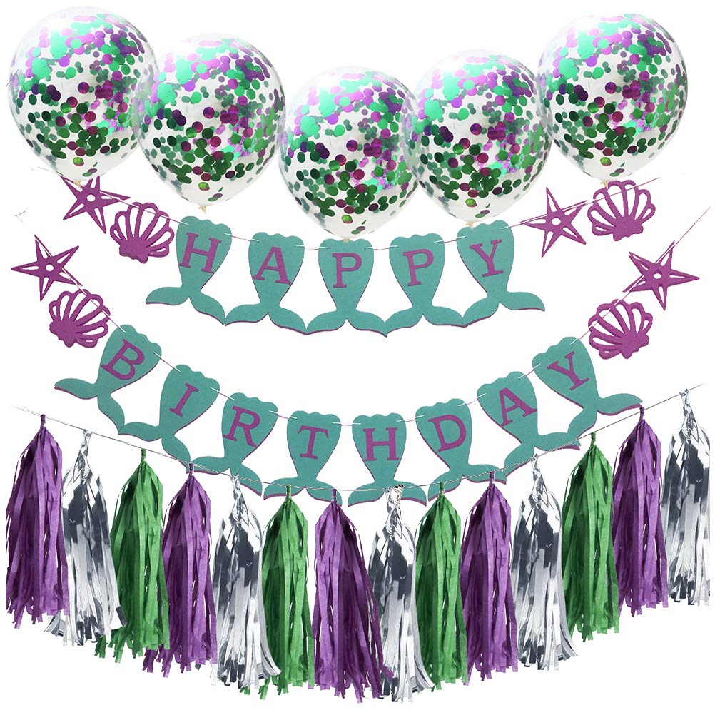 Amosfun Mermaid Birthday Balloons Set - 1 Pack with Nonwoven Tassel Tail Decor & Banner for Birthday Parties, Baby Showers, Gender Reveals & Special Celebrations
