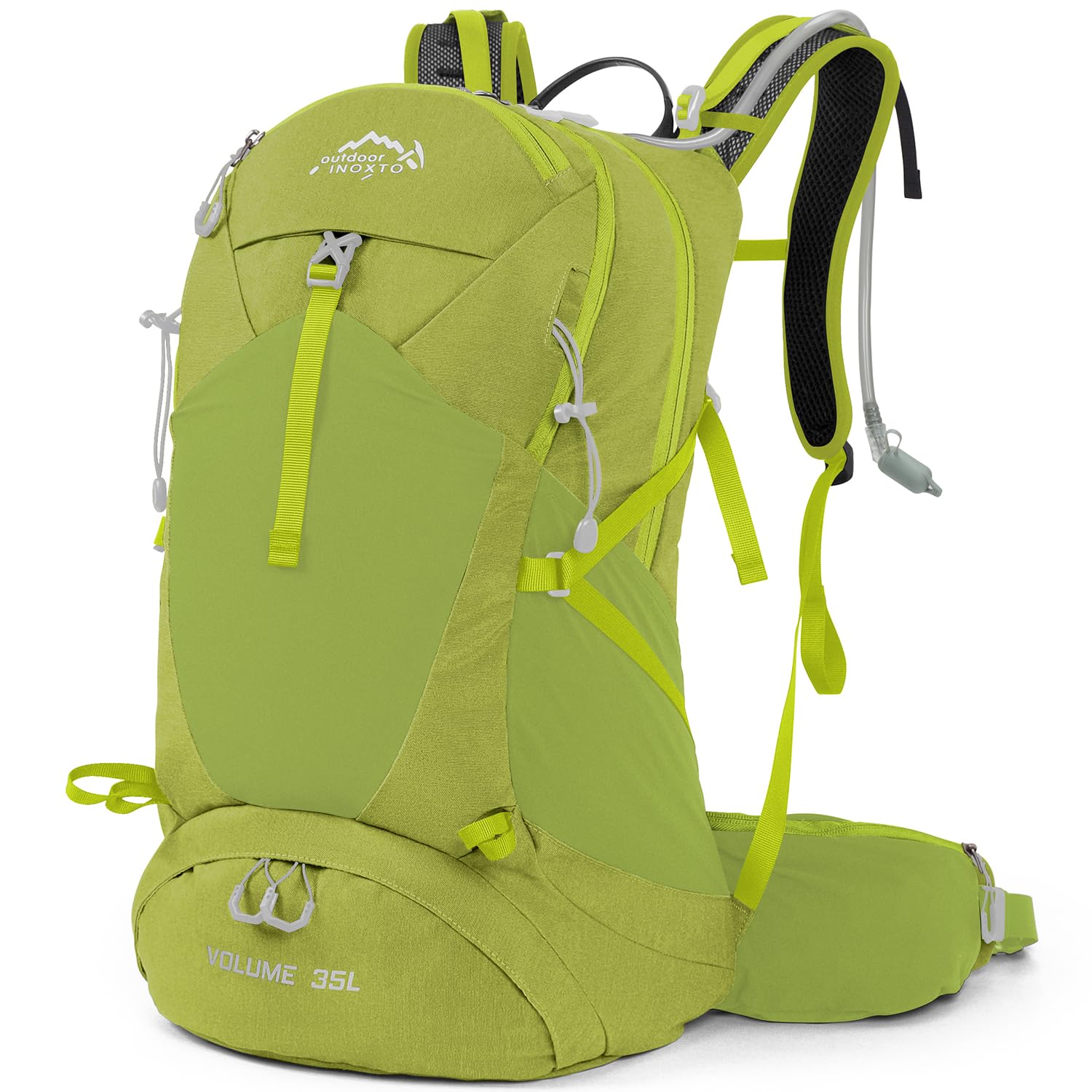 **35L Waterproof Hiking Backpack with 3L Hydration Bladder & Rain Cover - Lightweight Daypack for Camping, Trekking & Outdoor Adventures - Durable Travel Backpack for Men & Women (Fruit Green)**    **Usage Scenarios:** Perfect for day hikes, camping trips, mountain climbing, travel, and outdoor sports.