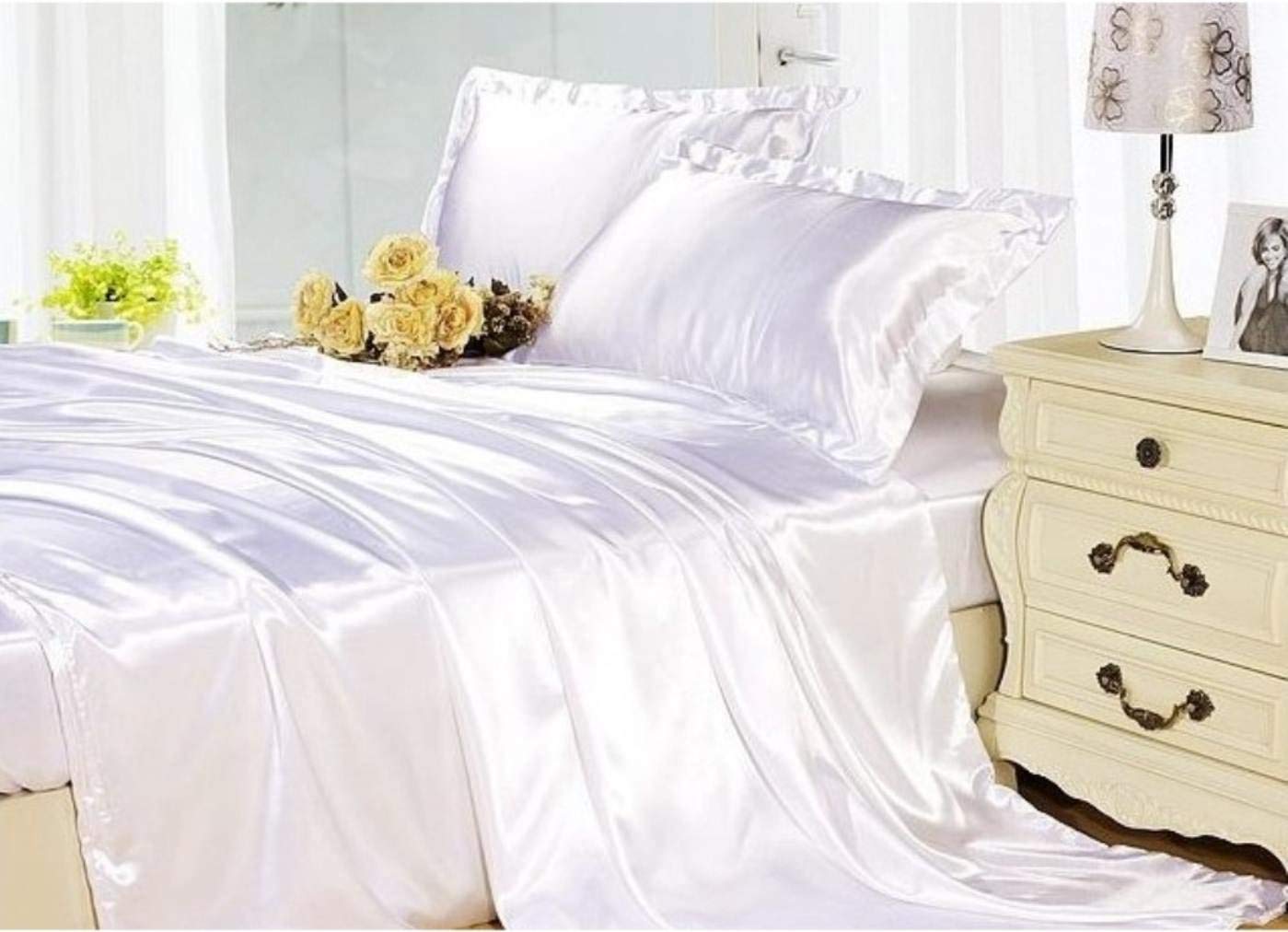 Premium Silky Satin 4-Piece Bedding Set (Full Size) - Hypoallergenic & Wrinkle-Resistant Sheets with Flat Sheet, Fitted Sheet & 2 Pillowcases - Luxury White Bed Sheets for Master Bedroom, Guest Room & Dorm - Angel's Bedding Collection