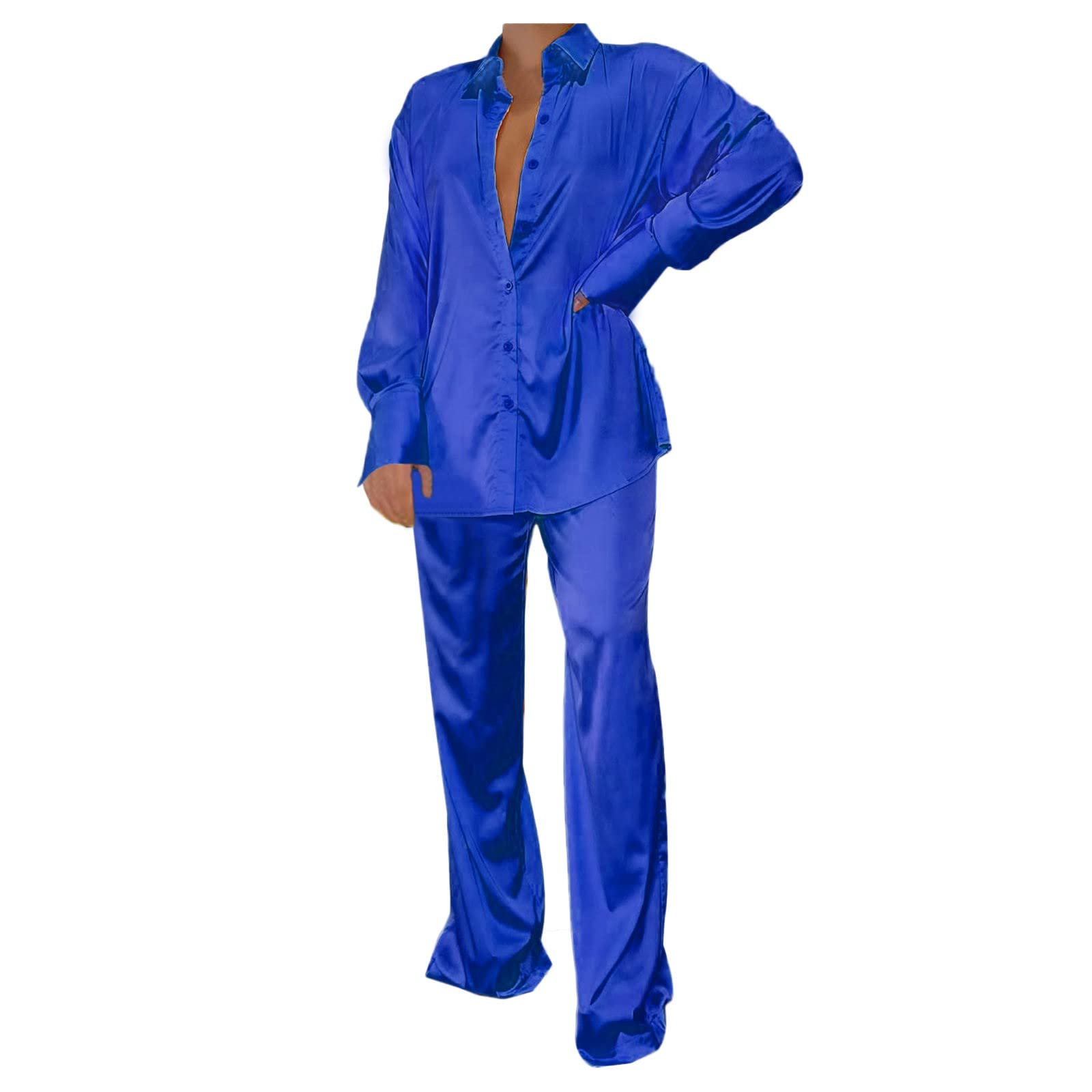 YOYORI Women's 2-Piece Satin Wide Leg Pants Set - Long Sleeve Button Down Shirt & Lounge Pants Outfit - Plus Size XXL in Blue - Perfect for Business Casual, Streetwear & Pajama Fashion