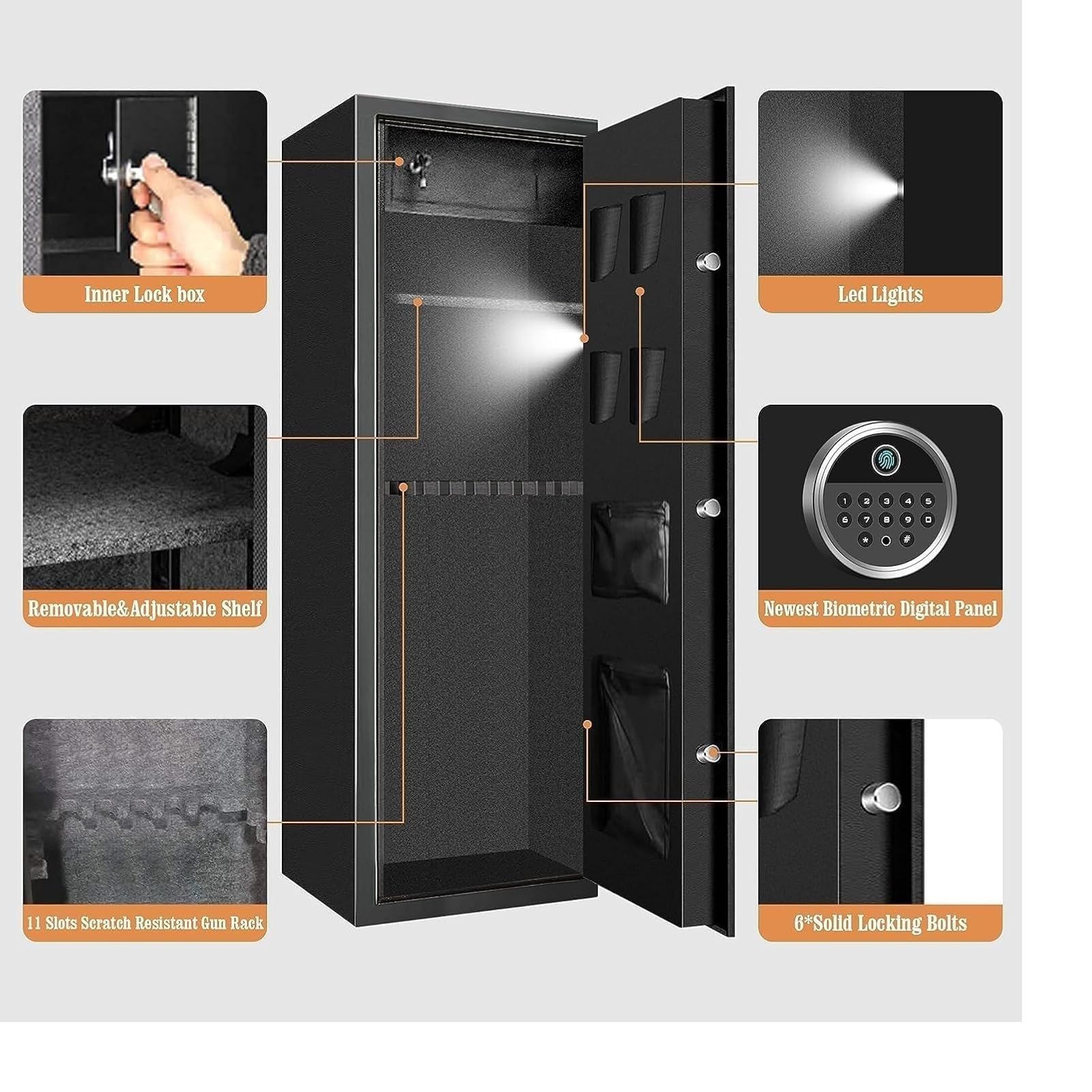 2025 New Fireproof Biometric Gun Safe for Home - Heavy Duty Anti-Theft Rifle & Pistol Safe with 3 Handgun Pockets, Removable Shelf & Silent Mode - Perfect for Bedroom, Closet or Office Security Storage