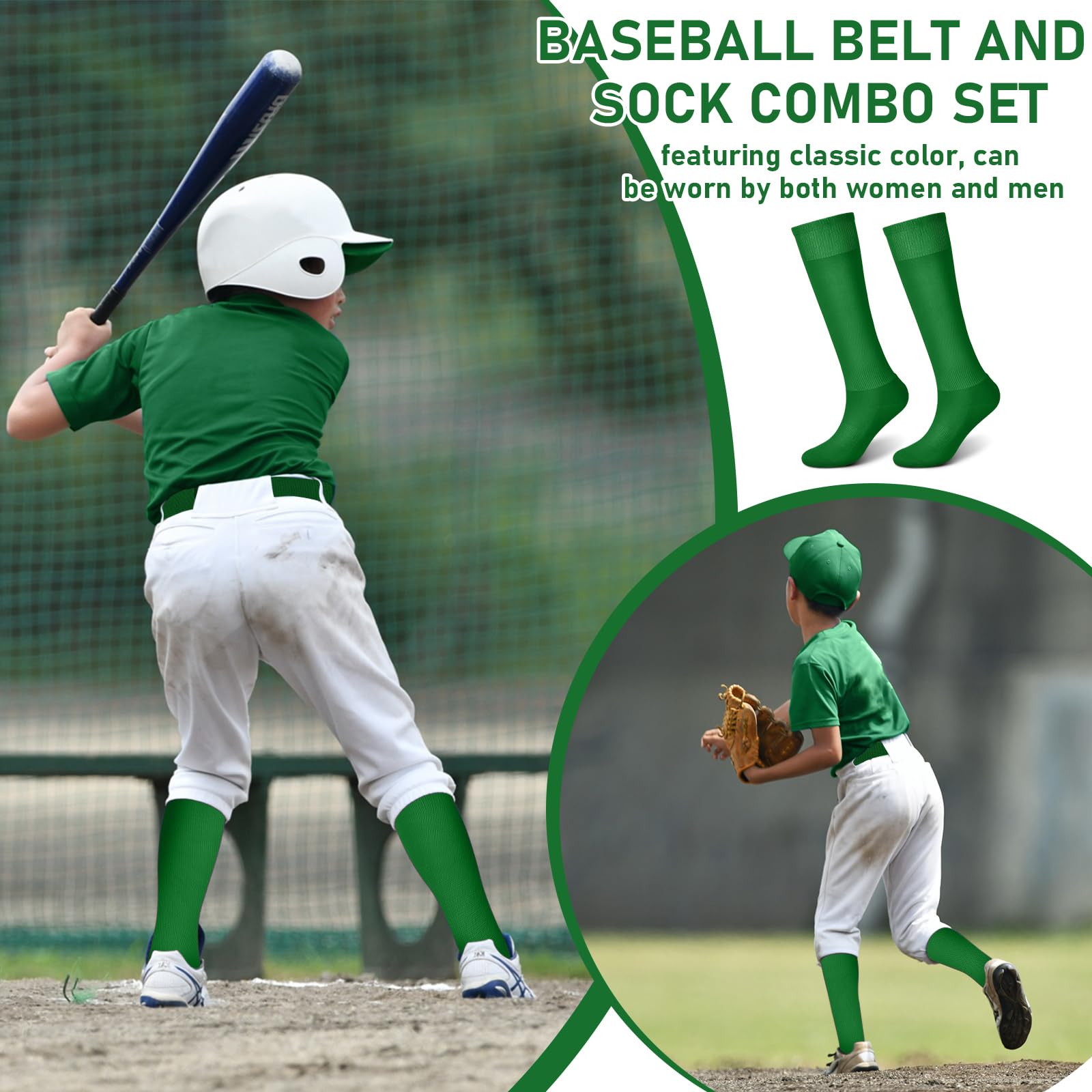 Zhanmai Adjustable Baseball Belt & Softball Socks Combo Set - Elastic Waistband for Youth Boys Girls & Adults - Perfect for Baseball Games, Practice & Team Uniforms