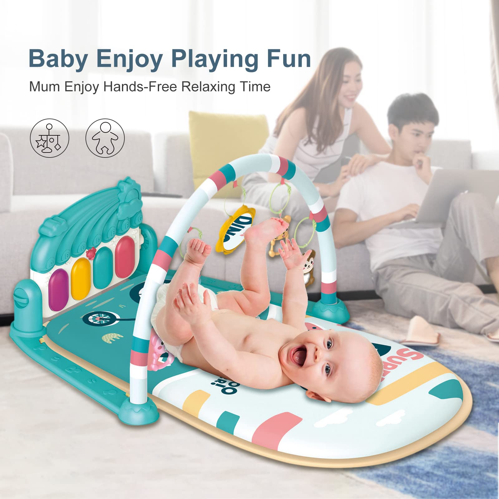 Dearlomum Baby Play Mat & Gym - Interactive Piano Tummy Time Activity Mat with 5 Sensory Toys, Music & Lights | Developmental Toy for Newborn to 12 Months | Perfect Gift for Boys & Girls (Blue) | Great for Floor Play, Sensory Development & Early Learning Activities