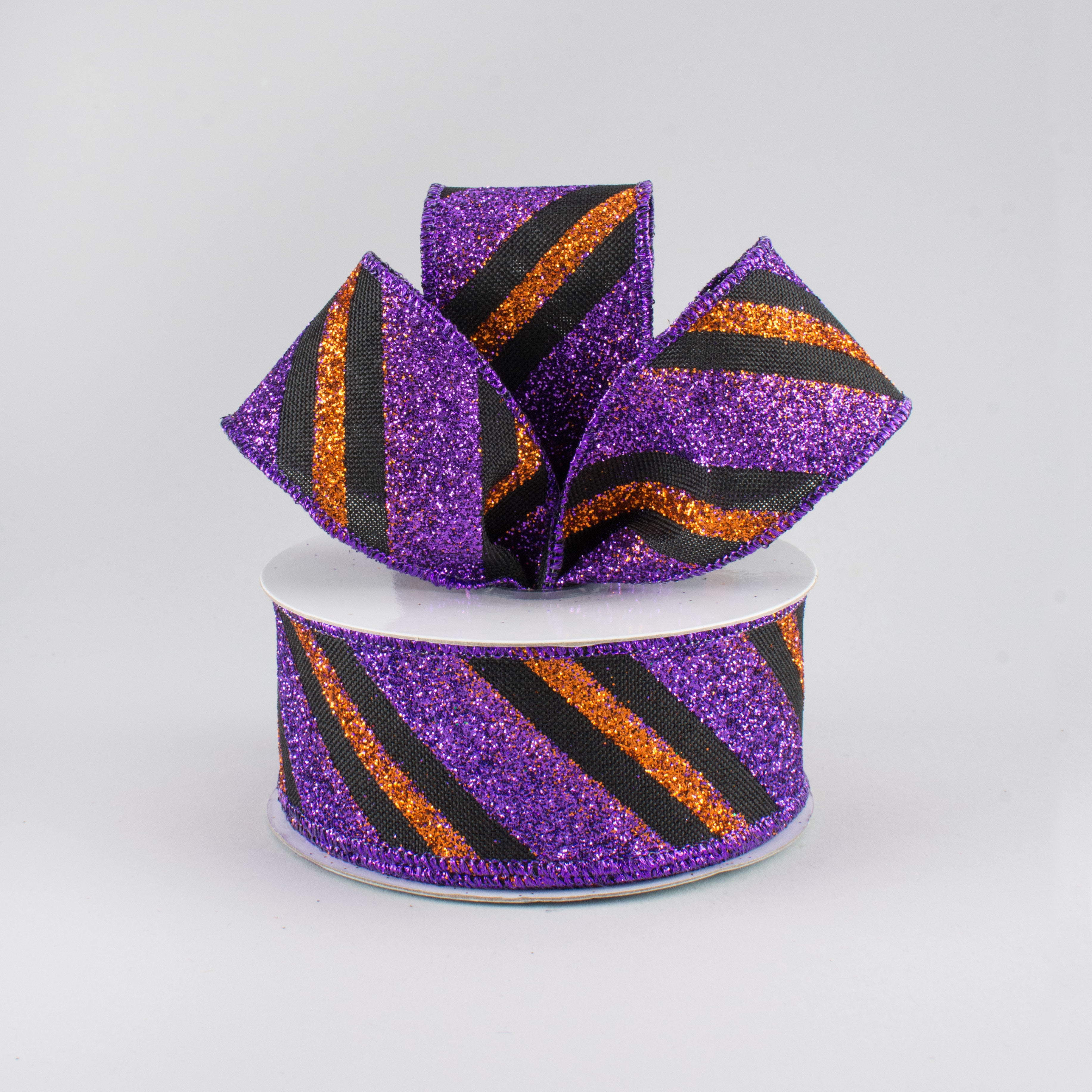 1.5 Inch Diagonal Glitter Stripe Ribbon - Black, Purple, Orange (10 Yards) for Gift Wrapping, Party Decorations & DIY Crafts