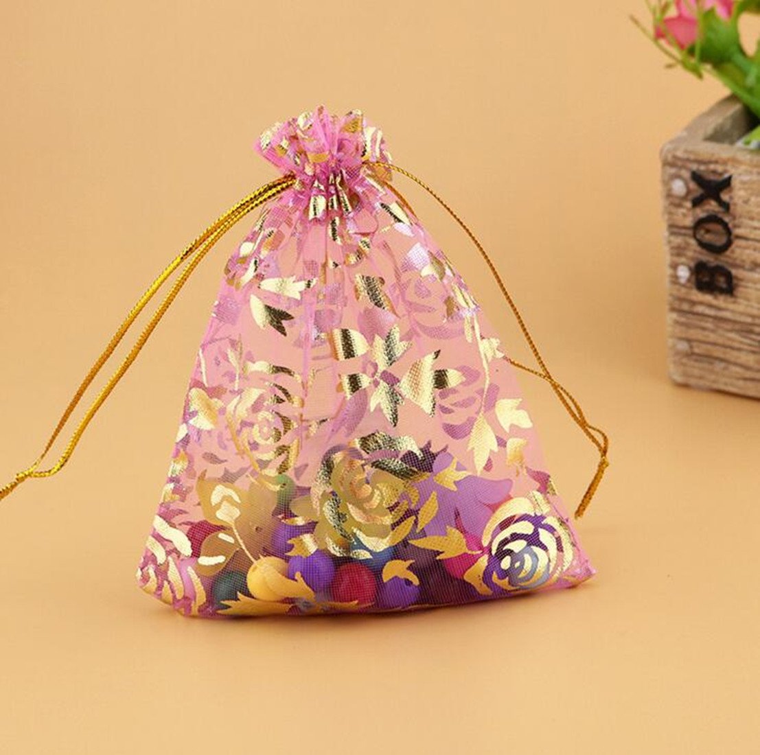 100pcs Rose Pattern Organza Wedding Favor Bags 5