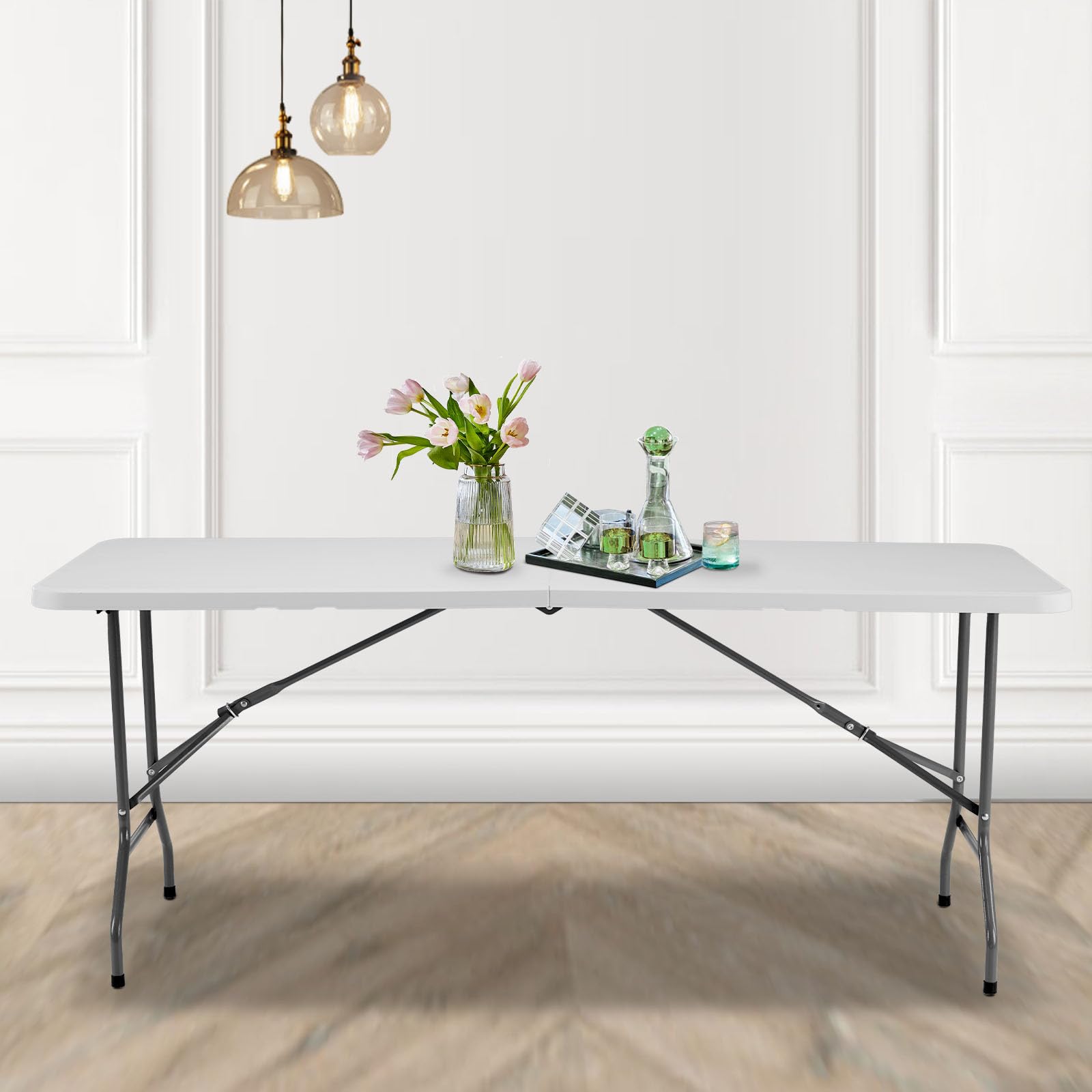 8ft Heavy Duty Folding Table - Portable Indoor Outdoor Table with Carrying Handle for Camping, Picnic, Party & Events - Perfect for Backyard Gatherings, Tailgating & Home Use