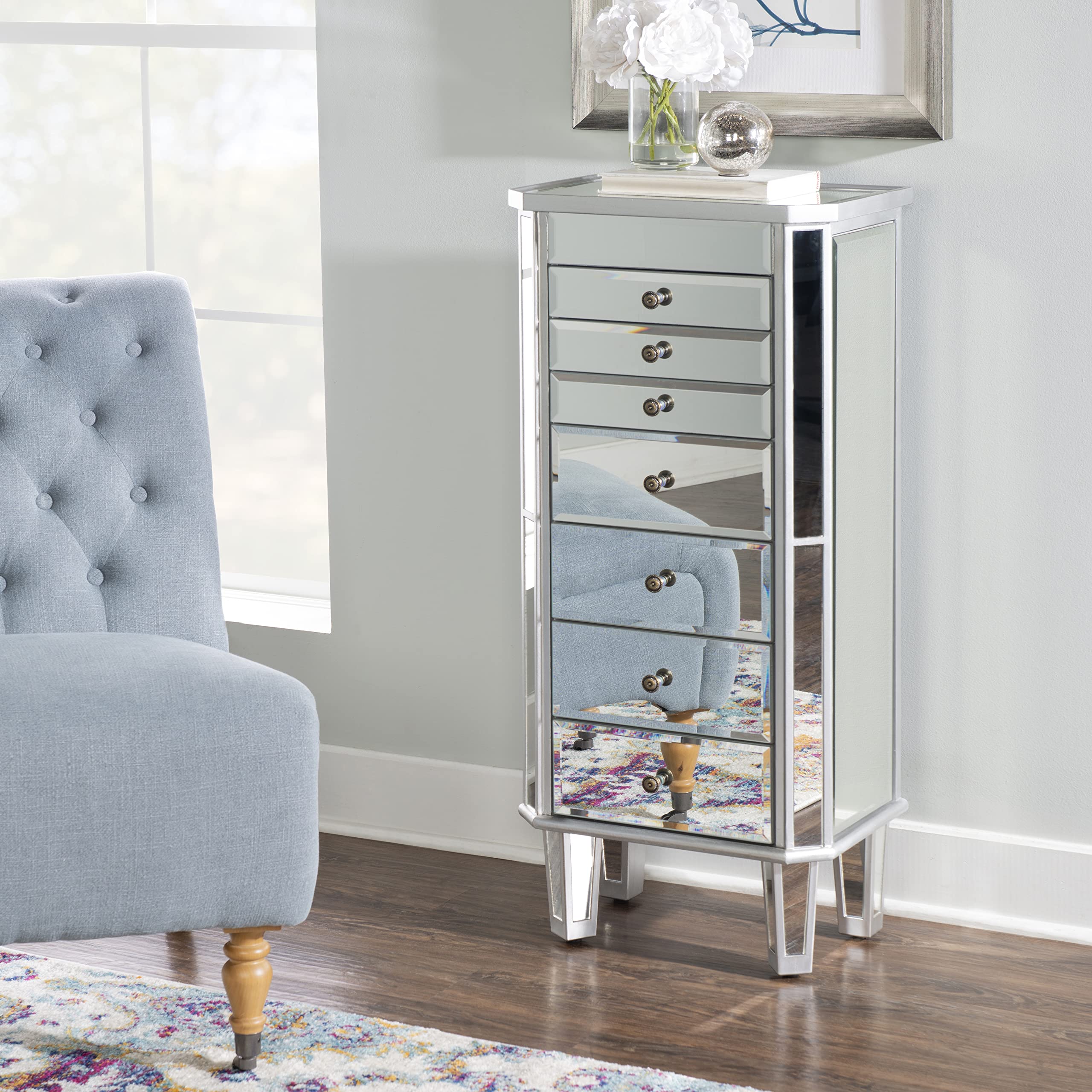 Powell Jewelry Armoire - Wooden Jewelry Cabinet with Silver Mirrored Doors for Bedroom & Closet Organization | Perfect for Necklace, Ring & Earring Storage