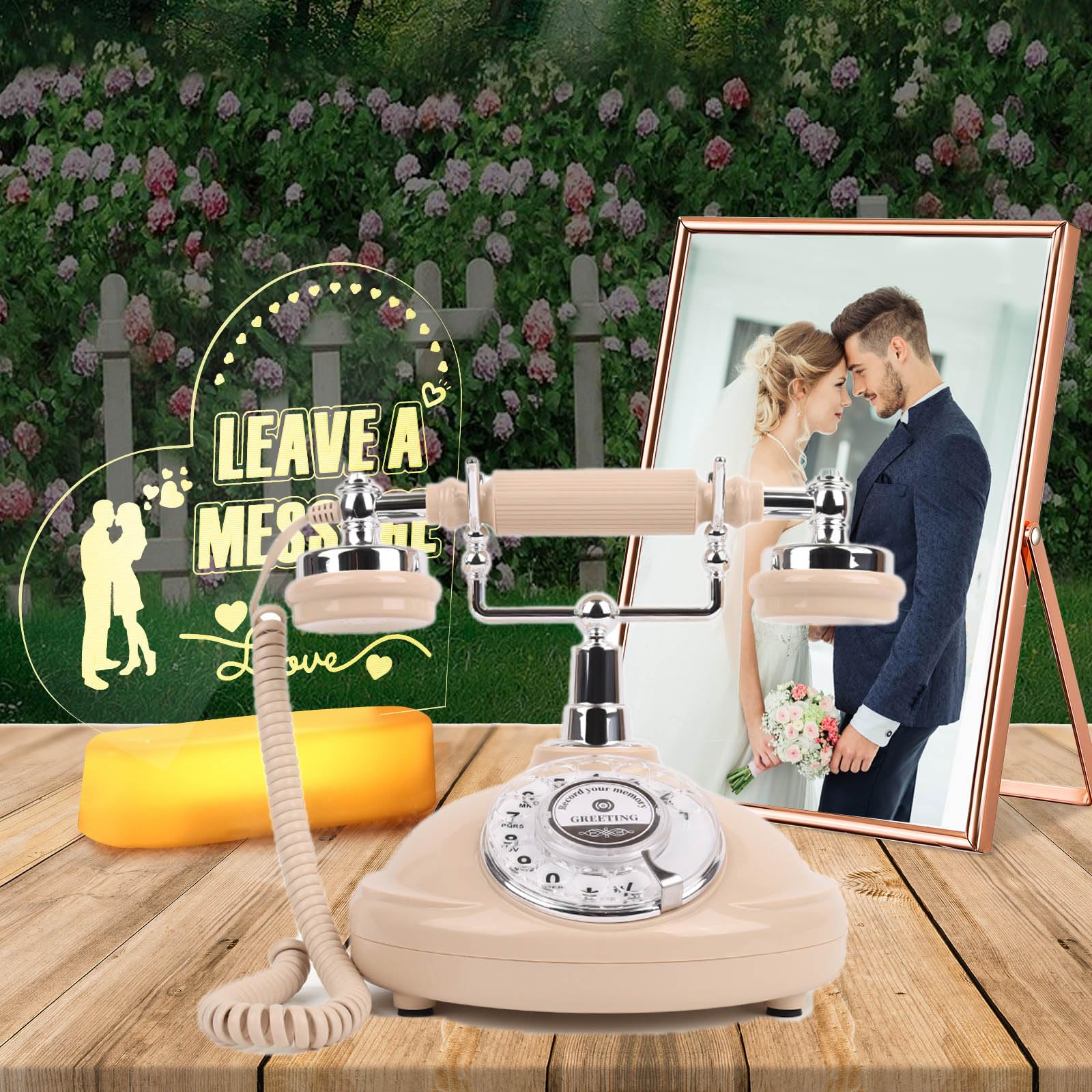 Vintage Antique Wedding Guest Book Phone - Retro Rotary Phone with Message Recording, Wedding Sign & Photo Frame (Beige) - Perfect for Wedding Receptions, Anniversaries & Special Events