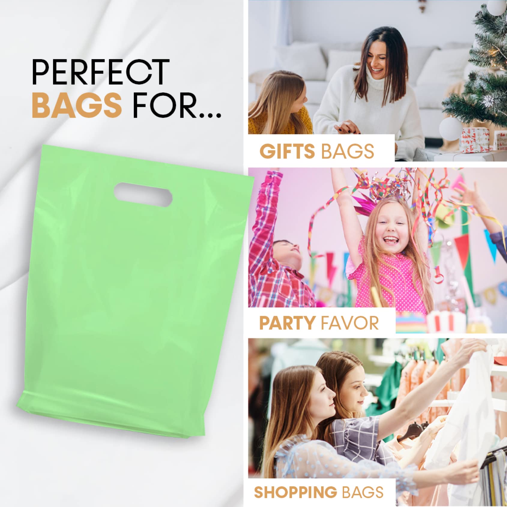 100 Green 15x18 Merchandise Bags with Die-Cut Handles & Gusset - Strong, Durable & Tear-Resistant Shopping Bags for Retail Stores, Boutiques & Events - Perfect for Gift Packaging, Promotional Giveaways & Trade Shows